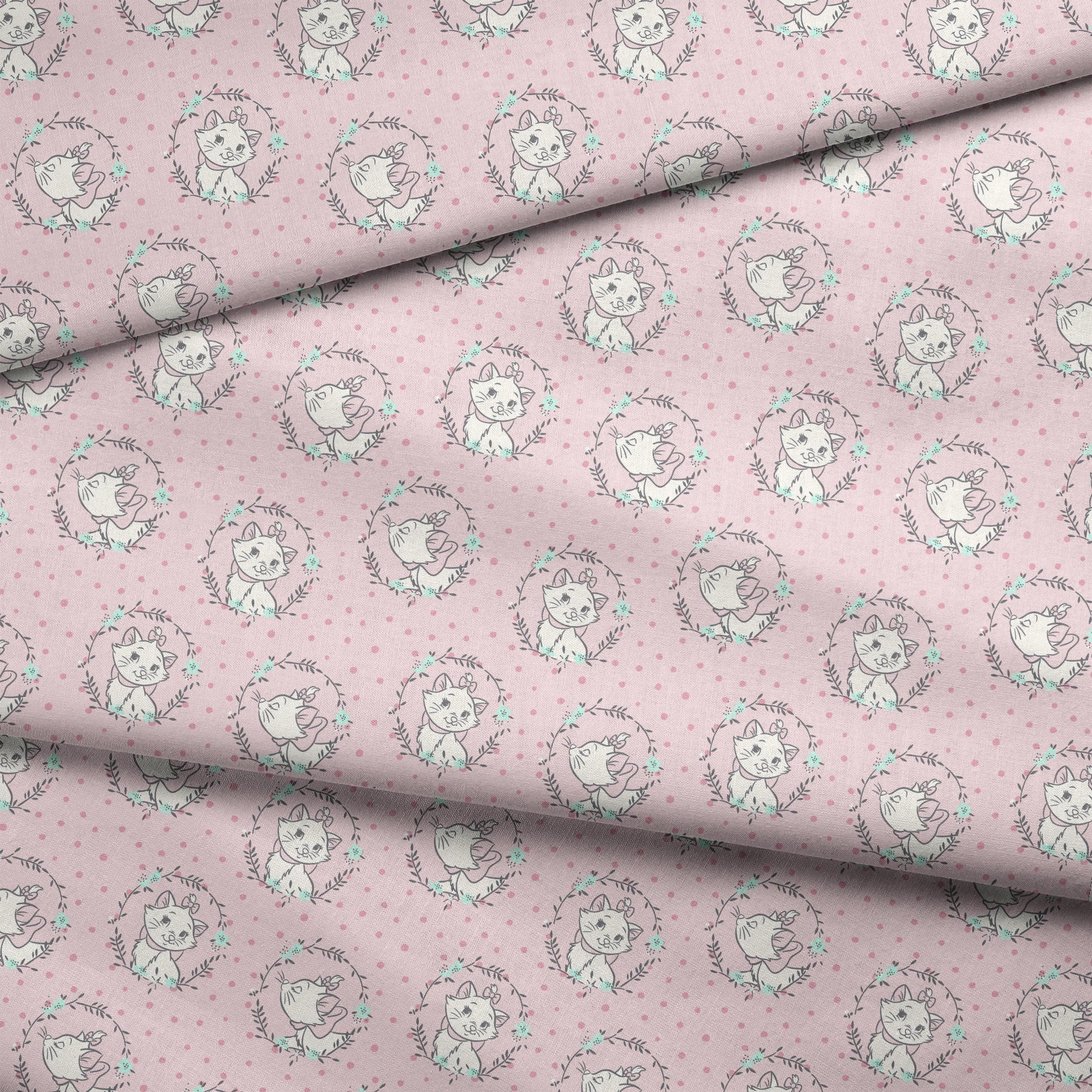 White cartoon cats in floral wreaths on pink polka dot background, seamless pattern fabric fold mockup