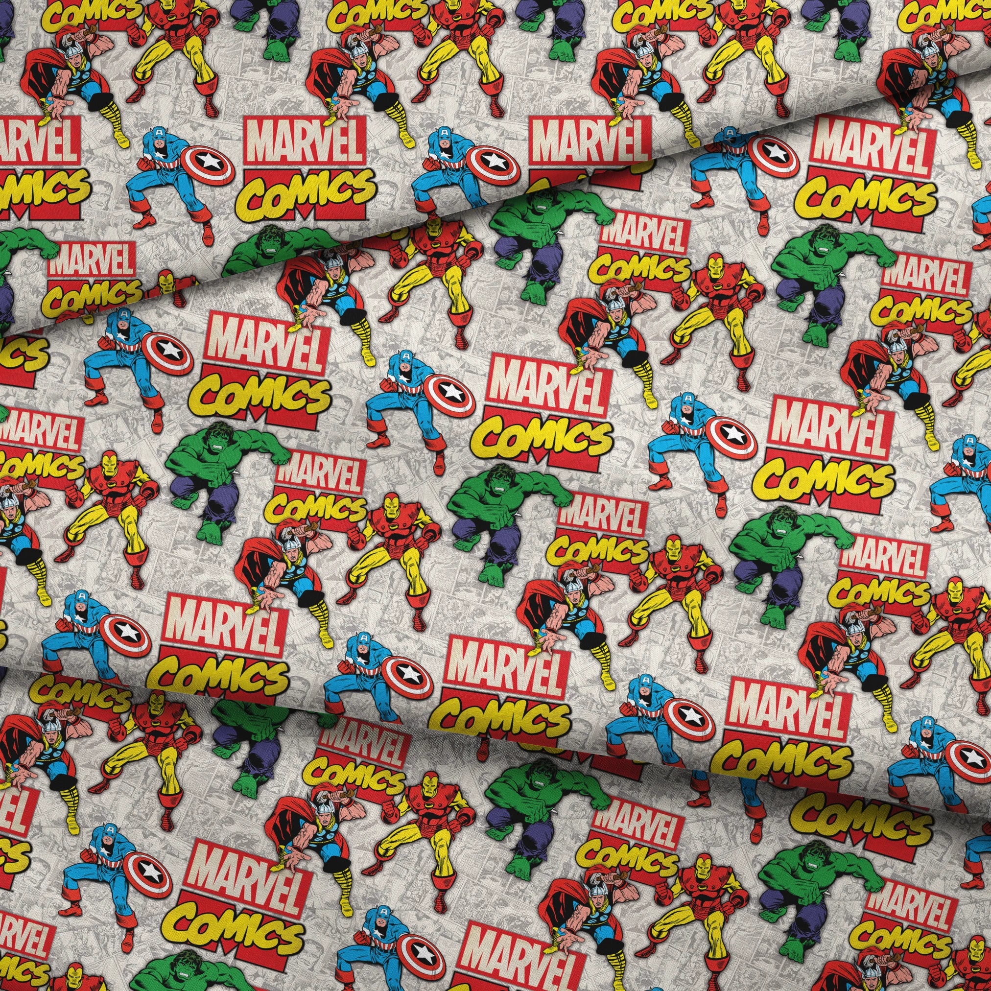 Marvel Comics collage pattern featuring iconic superheroes in action poses against comic book page background fabric fold mockup