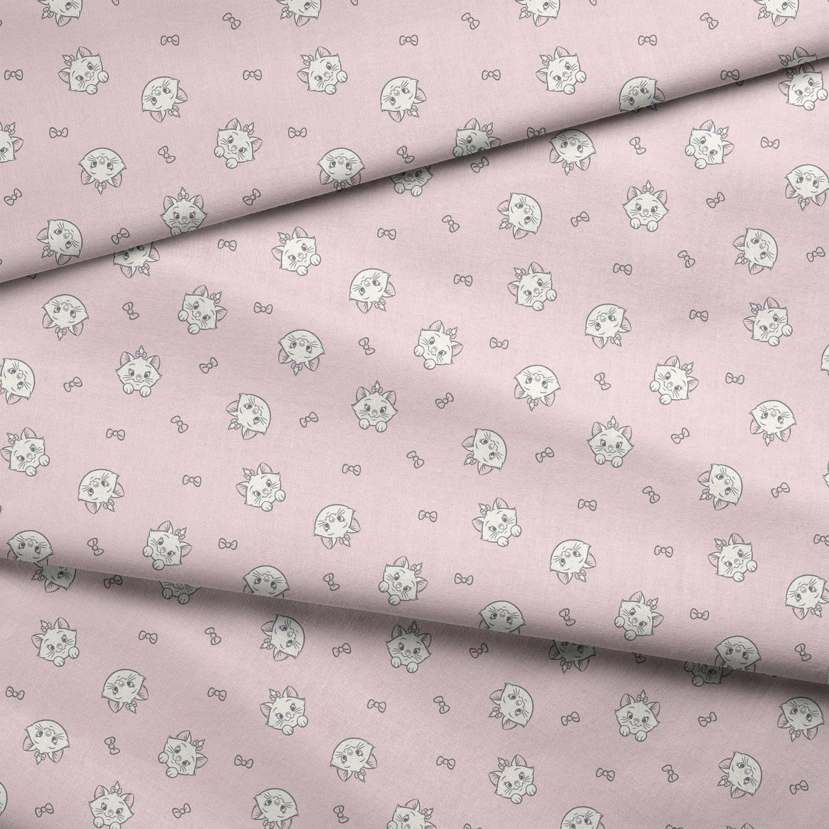 Cute cartoon cat faces with bows pattern on light pink background fabric fold mockup