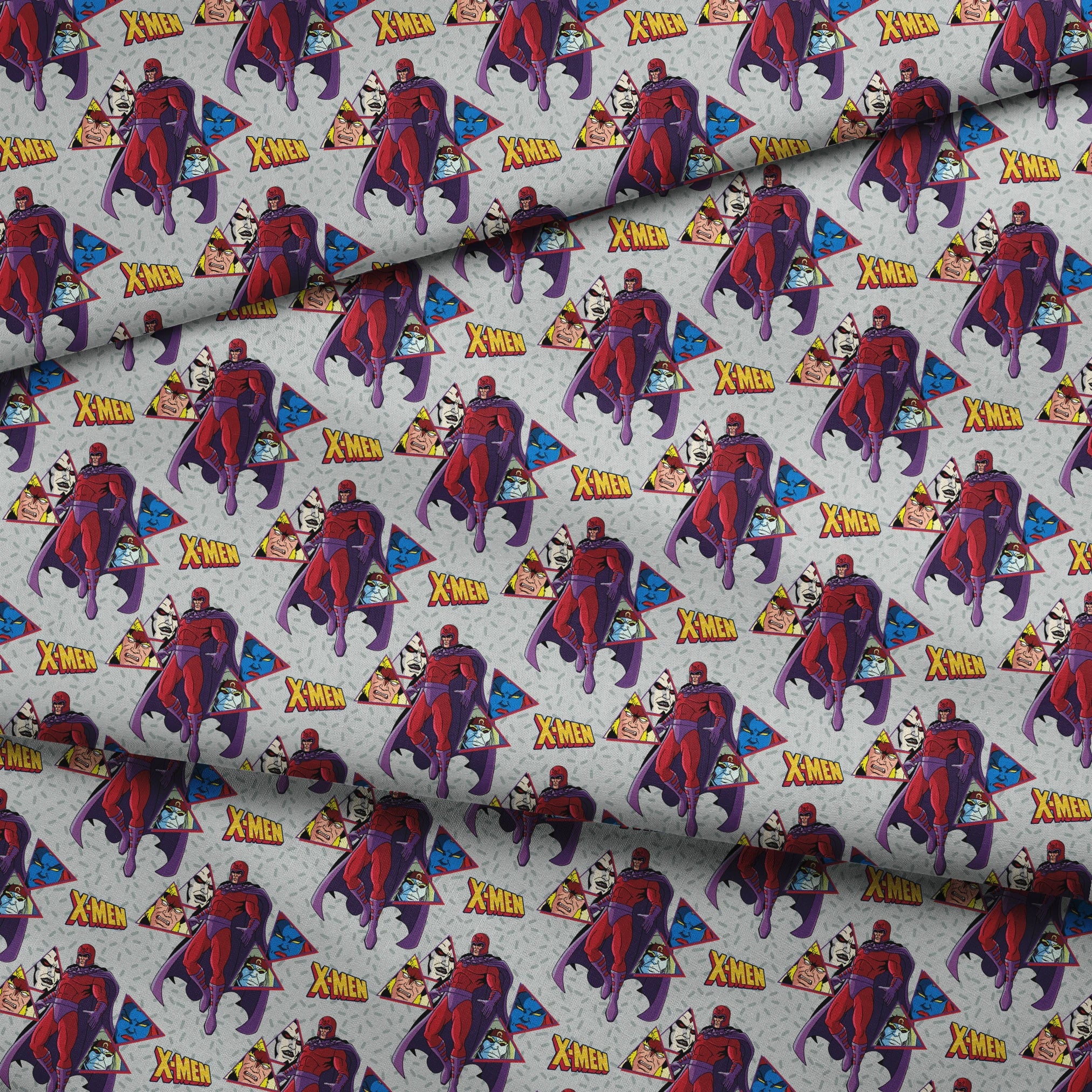 X-Men comic pattern with Magneto in purple and red costume against gray background with character portraits fabric fold mockup