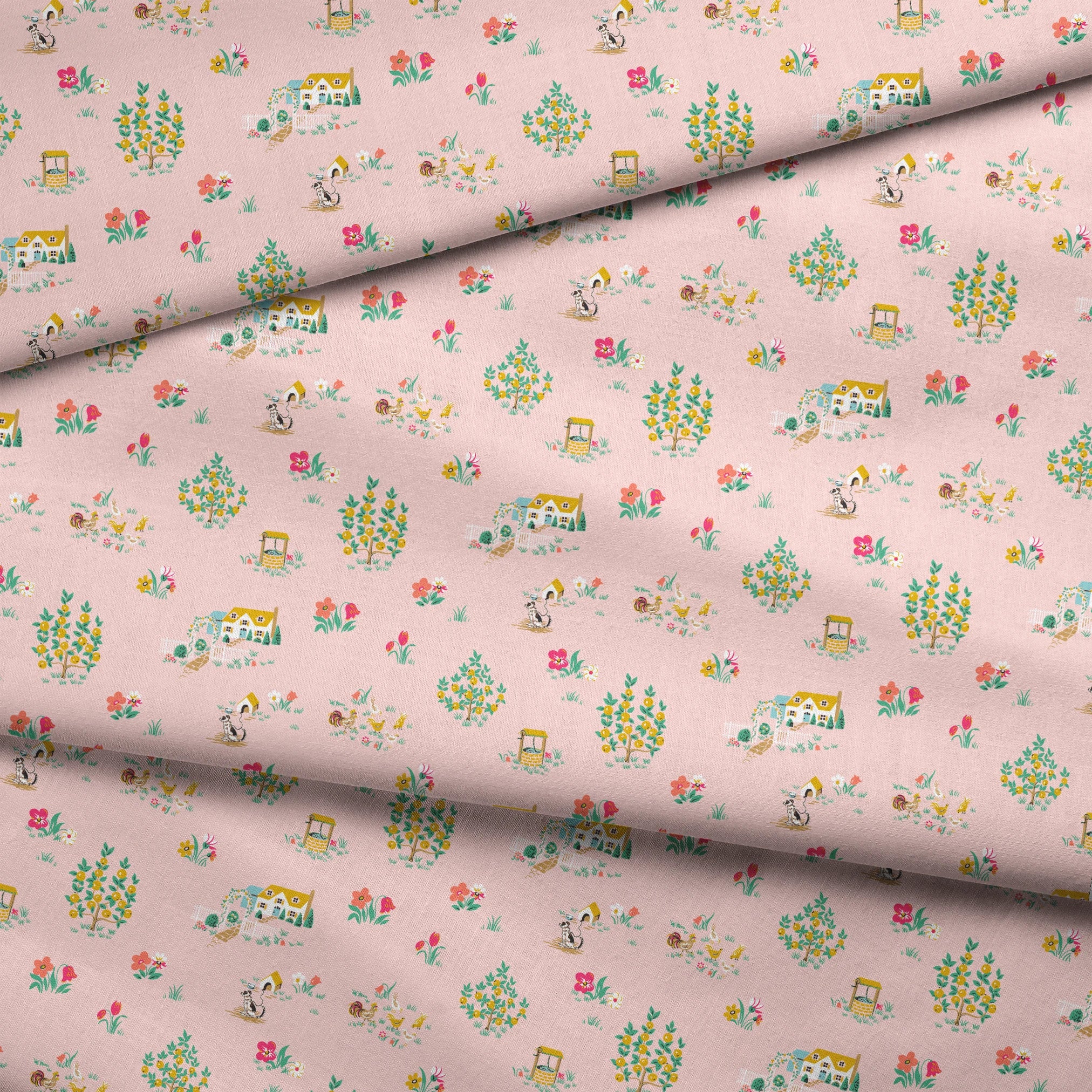 Whimsical pink pattern with cottages, flower bouquets, and garden scenes in yellow and coral fabric fold mockup