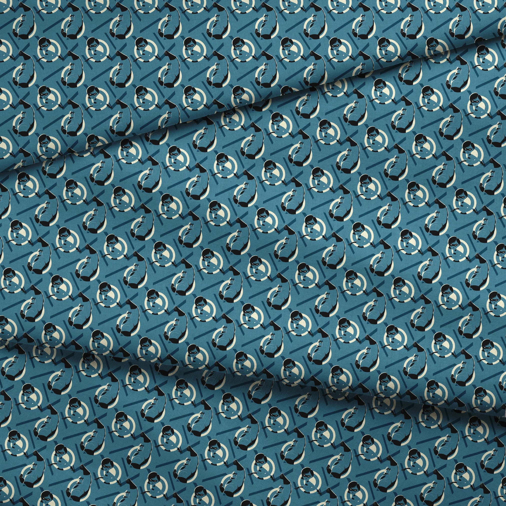 Stylized Mr. Incredible in blue and black with raised fist against geometric circular background fabric fold mockup