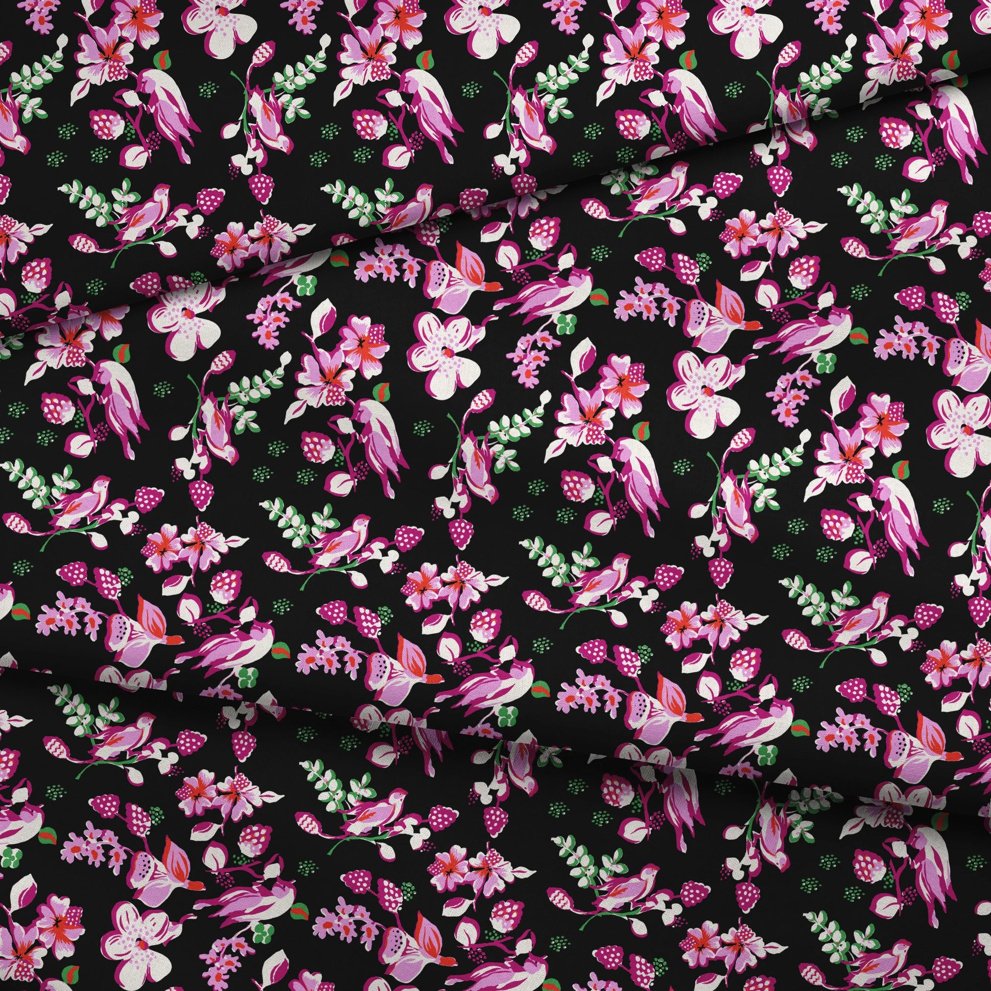 Vibrant pink birds and flowers pattern on black background with strawberry accents fabric fold mockup