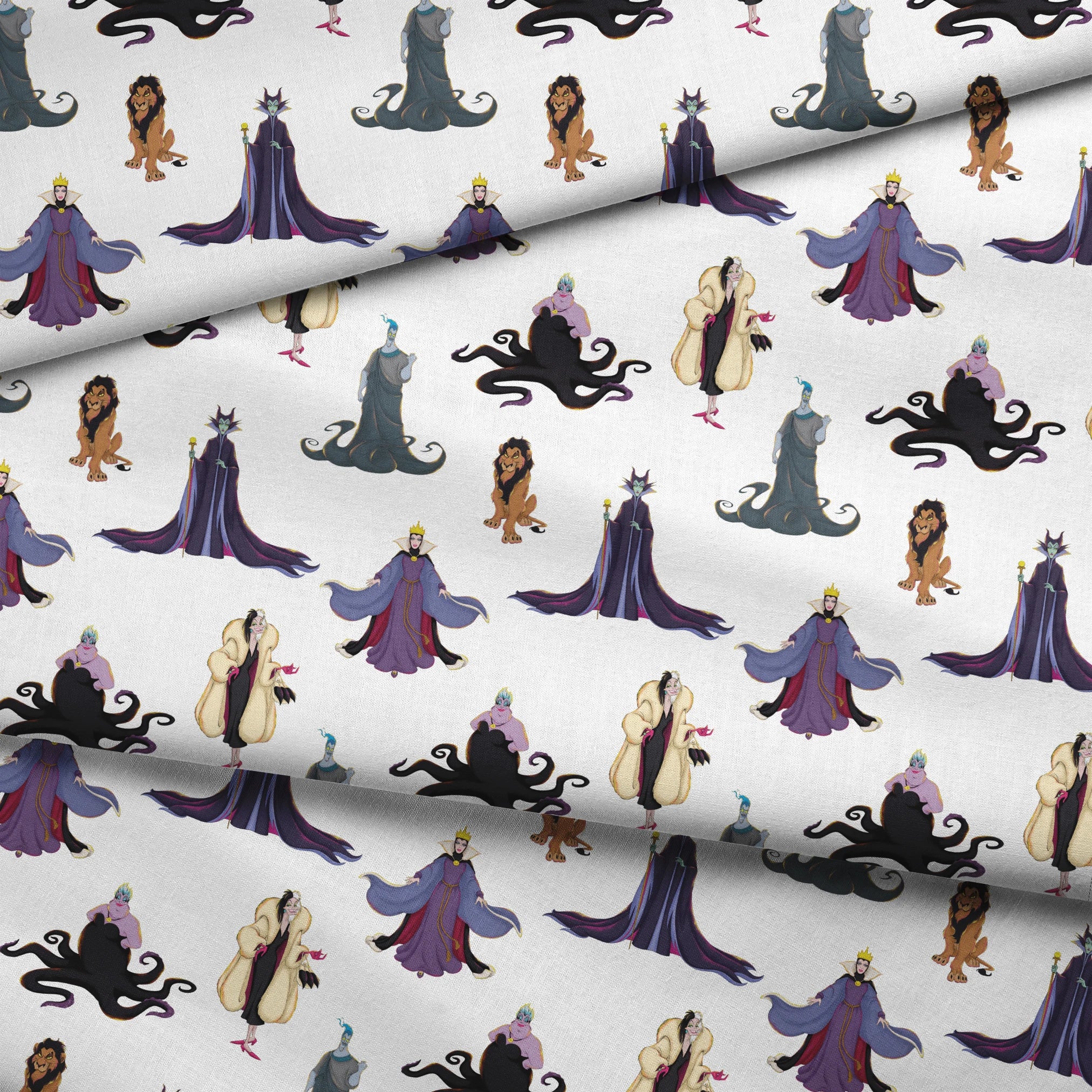 Disney villains pattern with Evil Queen, Scar, Maleficent, Ursula, and Cruella on white background fabric fold mockup