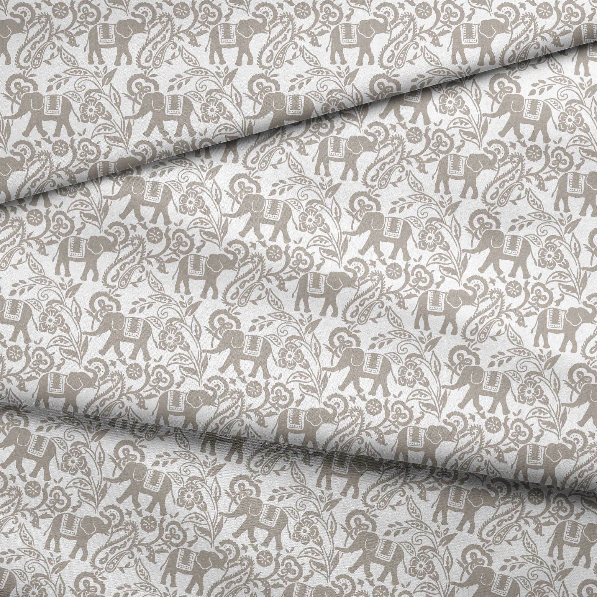 Gray elephants with decorative blankets amid swirling floral and paisley patterns on white background fabric fold mockup