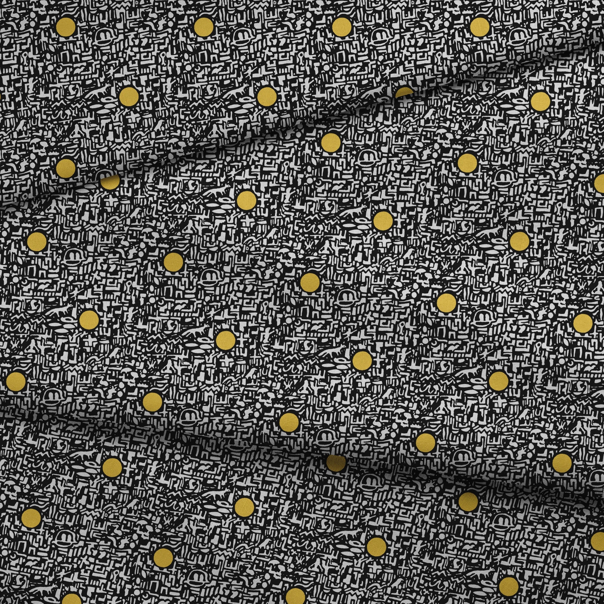 Abstract black and white maze pattern with scattered golden yellow dots arranged in a grid fabric fold mockup