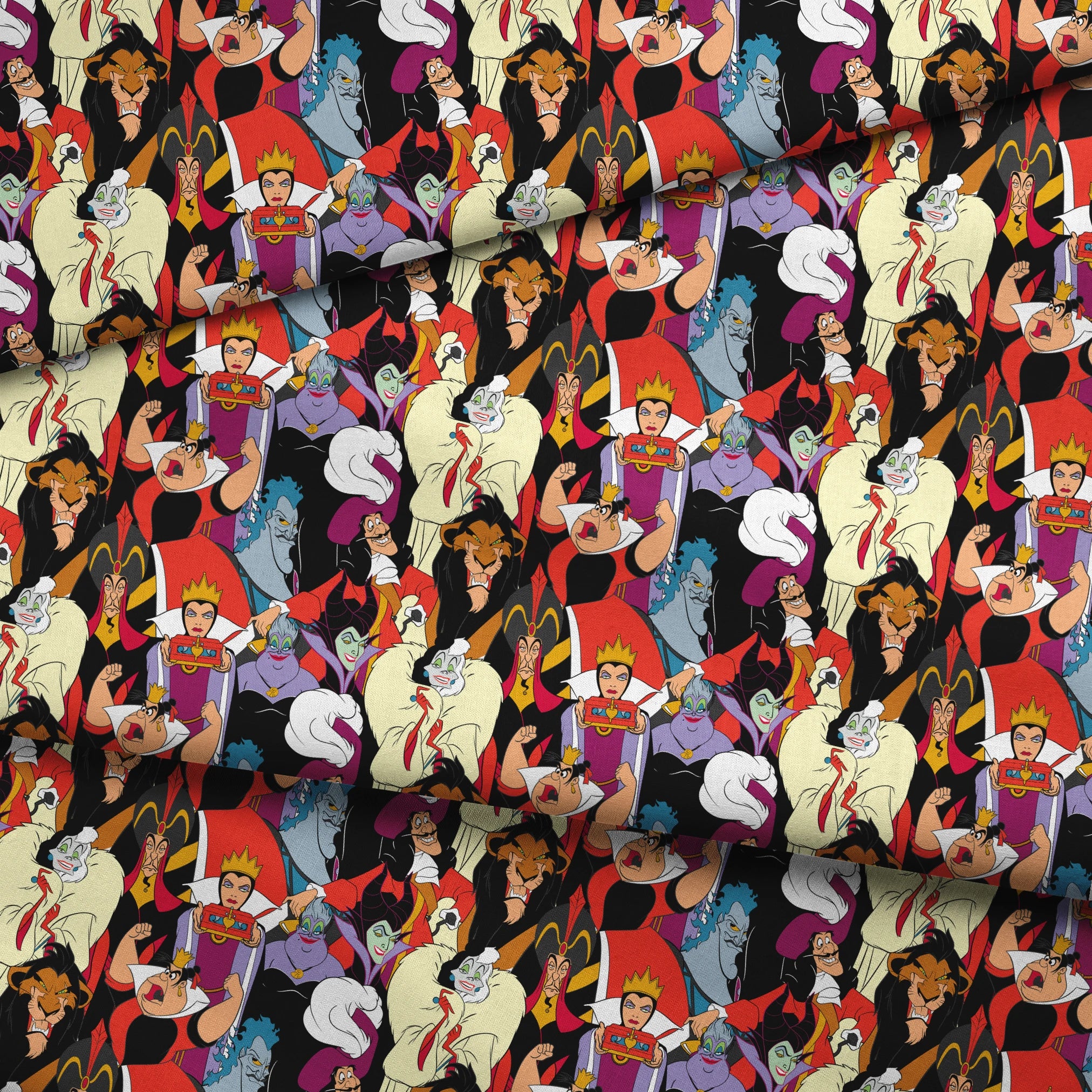 Disney villains collage featuring colorful animated characters with distinct evil expressions and iconic costumes. fabric fold mockup