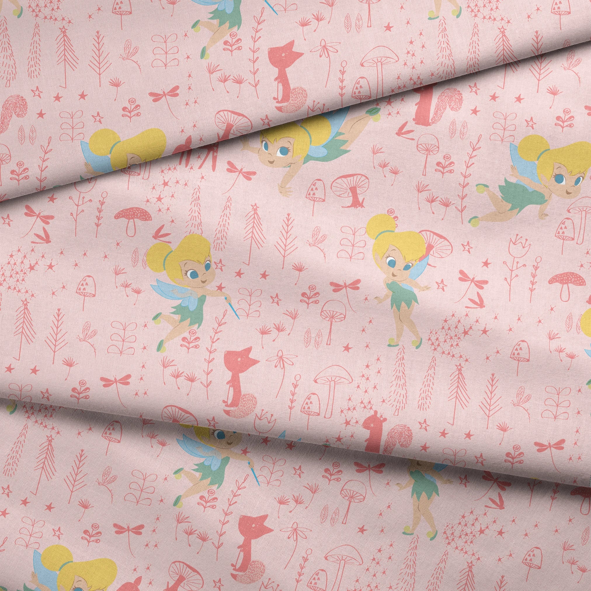 Pink whimsical pattern with cartoon fairy characters, forest animals, mushrooms, and plants in pastel colors fabric fold mockup