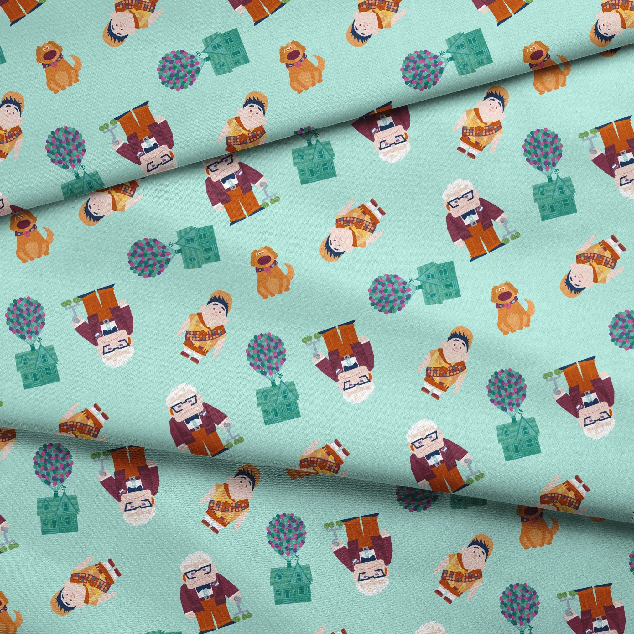 Cartoon pattern on mint background featuring characters from Pixar's "Up" with balloons, houses, and colorful elements fabric fold mockup