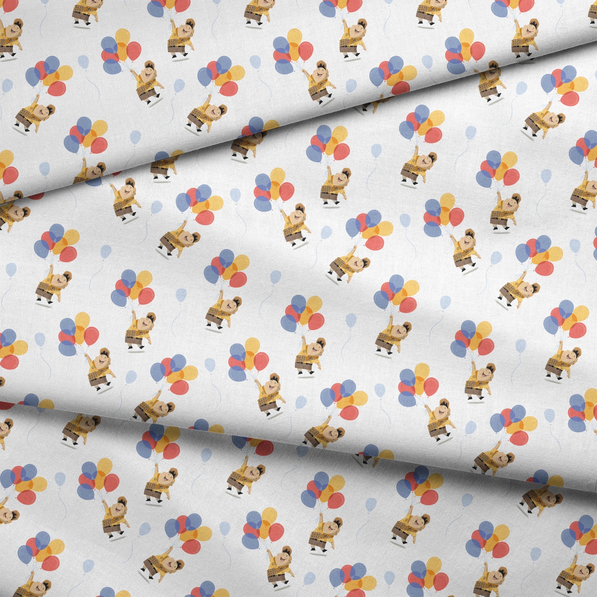 Up's Russell in explorer outfit floating with colorful balloons on white background pattern fabric fold mockup