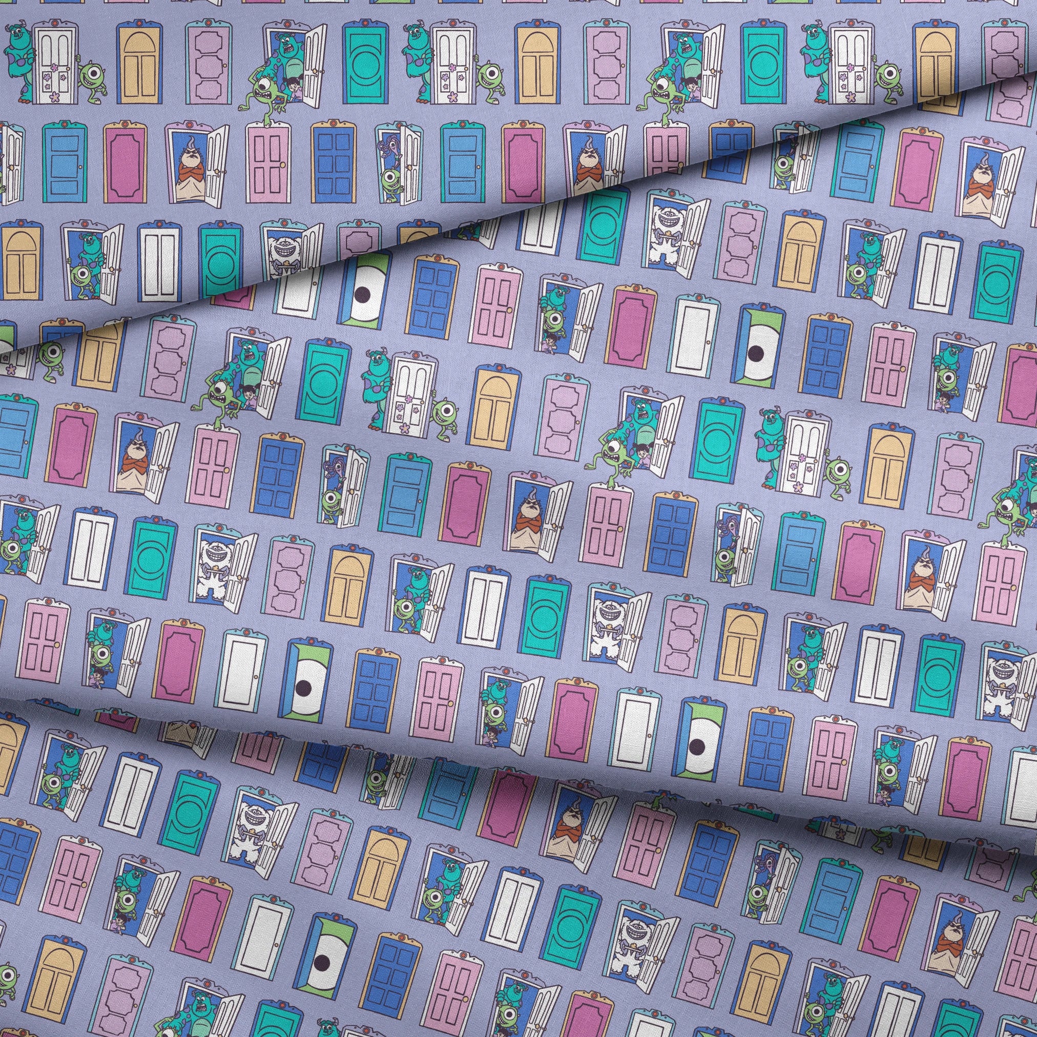 Colorful pattern of cartoon monster characters peeking through various doors in purple, blue, pink, and green on a lavender background. fabric fold mockup