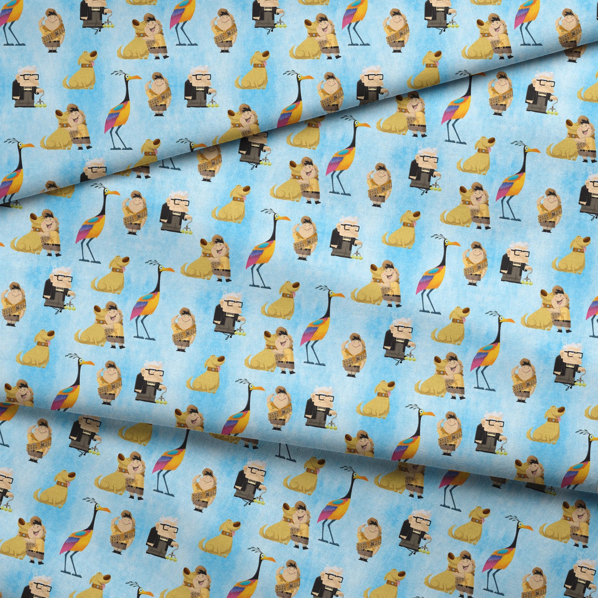 Colorful Up-inspired pattern with cartoon characters including elderly man, explorer, golden dog, and tropical bird on light blue background fabric fold mockup