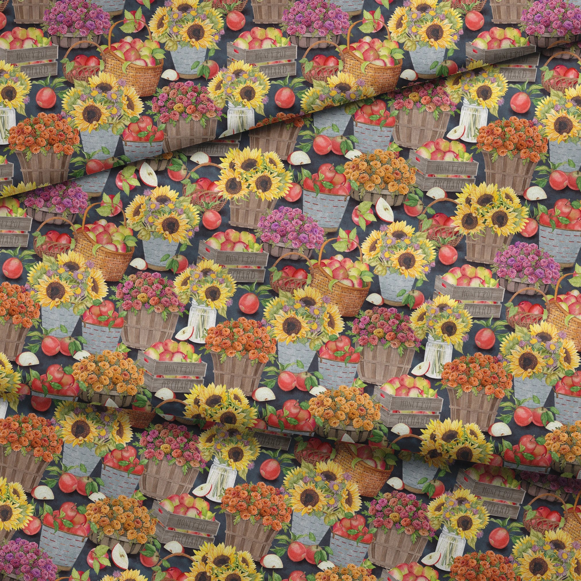 Baskets filled with sunflowers, mums, and apples in a colorful autumn harvest design by Nicole Tamarin. fabric fold mockup
