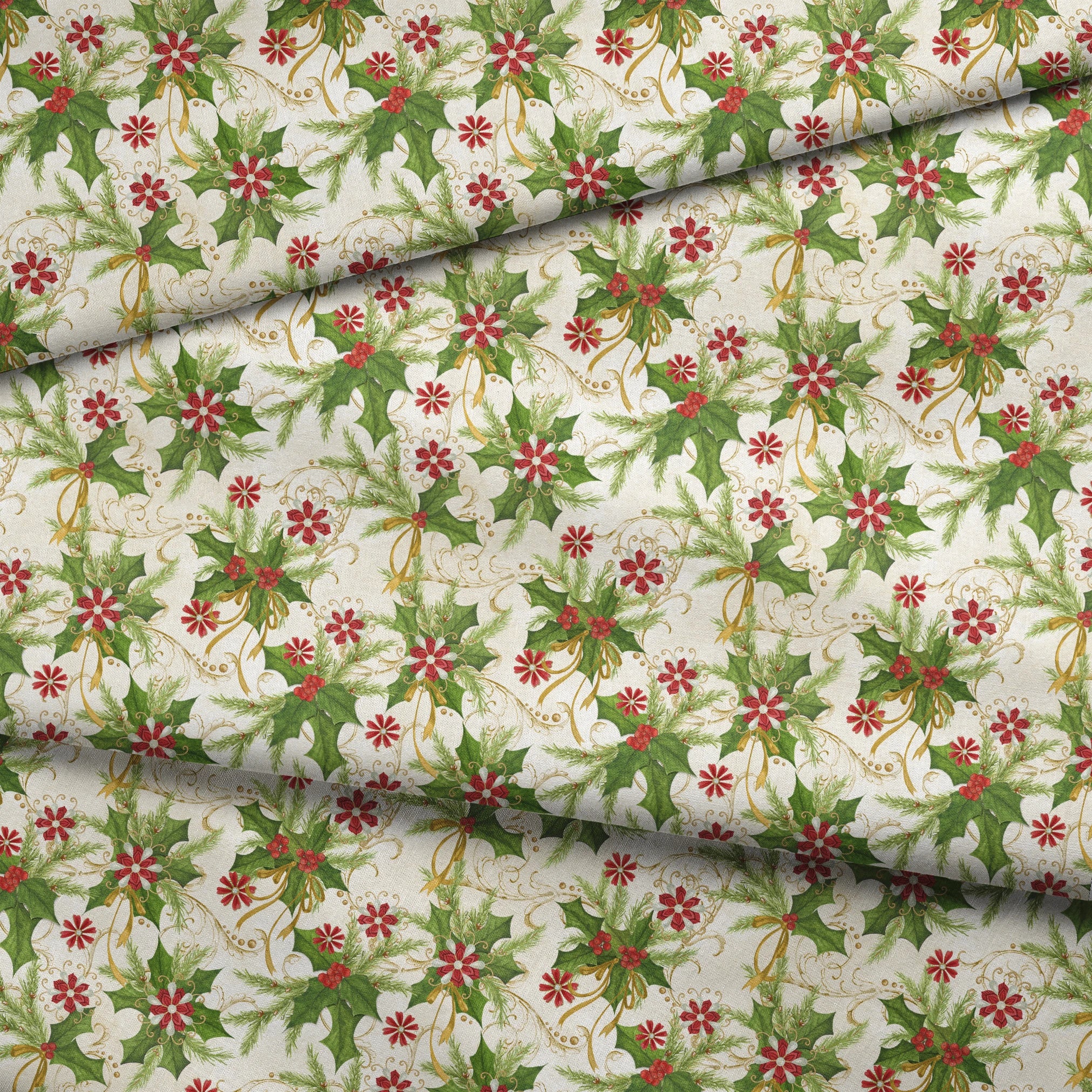 Festive pattern featuring holly leaves, pine branches, red floral medallions, and golden swirls on an ivory background by Nicole Tamarin. fabric fold mockup