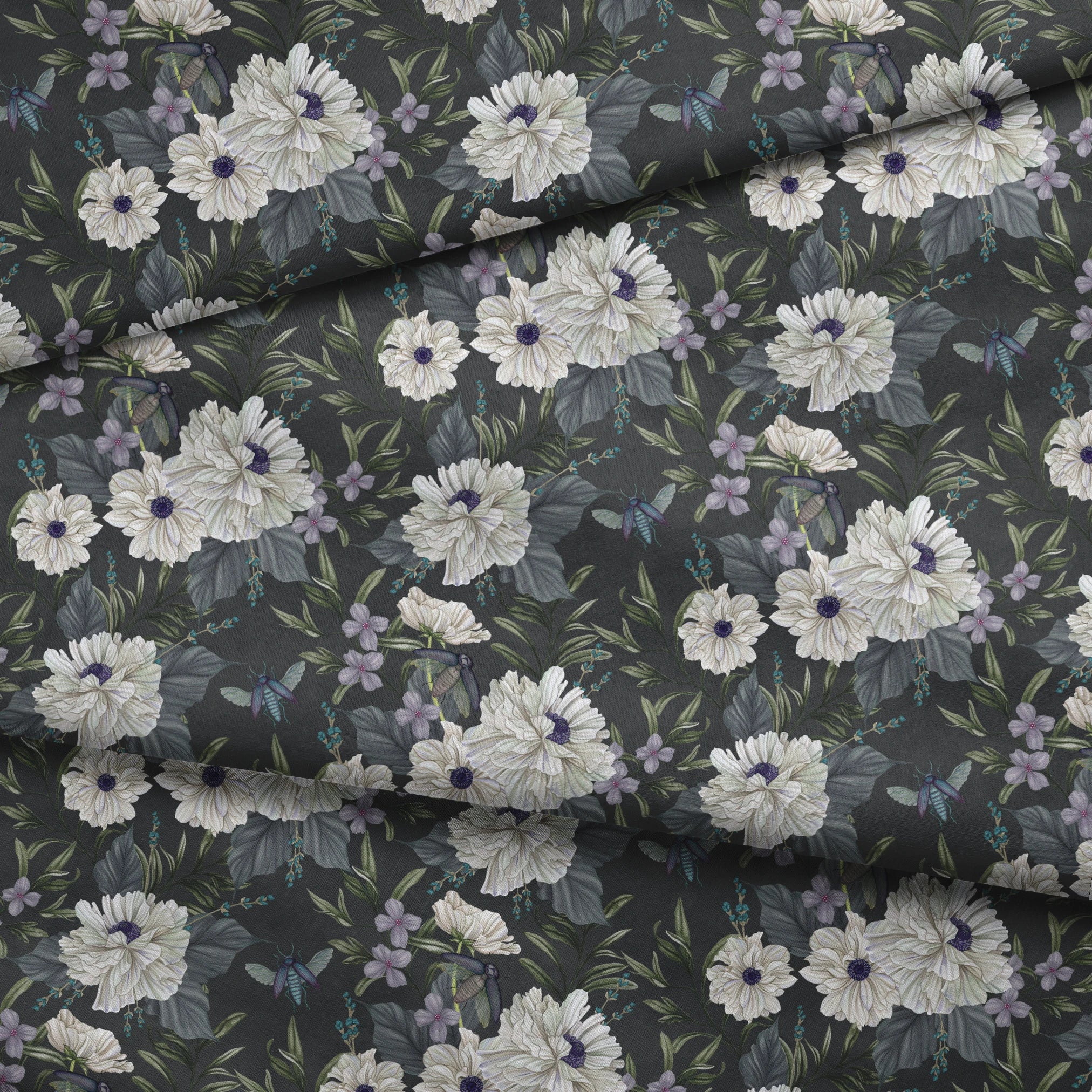 Ivory flowers with purple centers, beetles, and greenery illustrated on a dark charcoal background in a floral pattern by Nicole Tamarin. fabric fold mockup