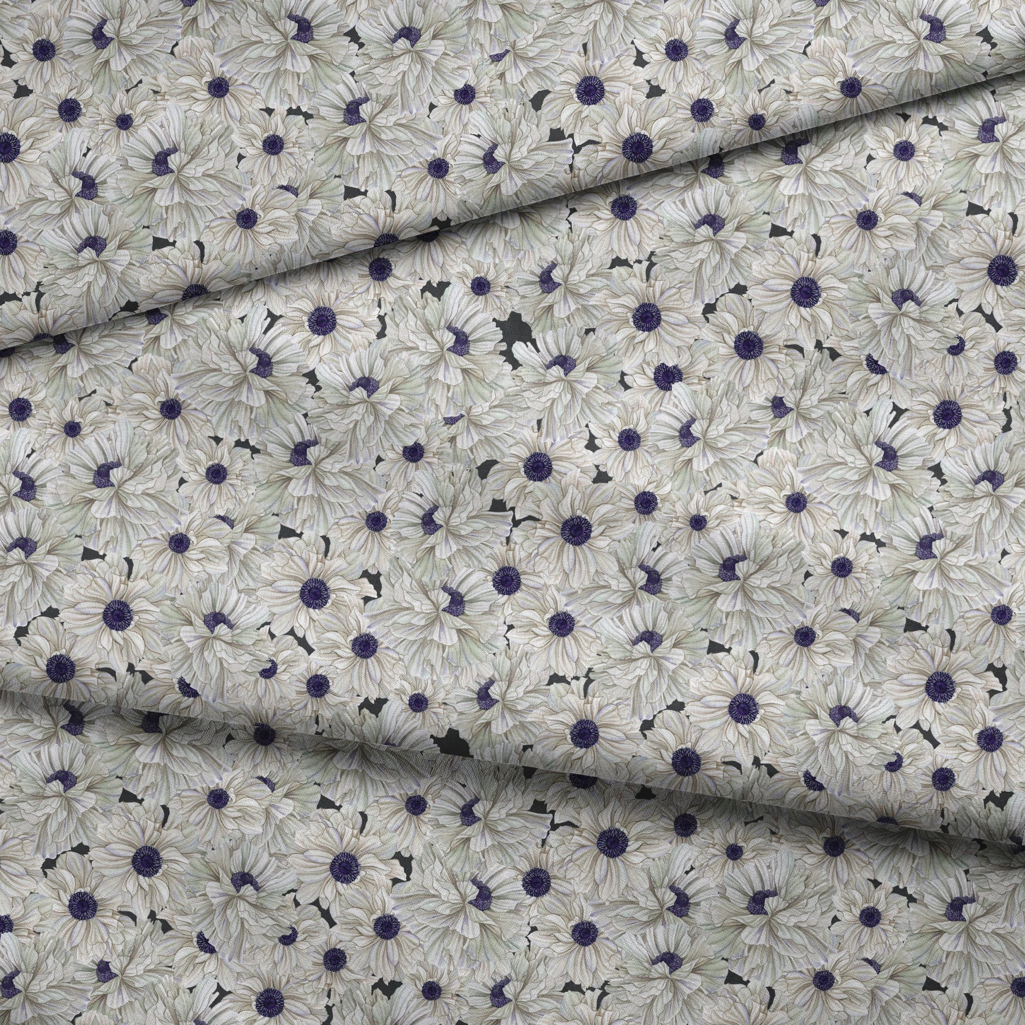Ivory and indigo packed floral pattern with detailed petal textures and clustered blooms. fabric fold mockup