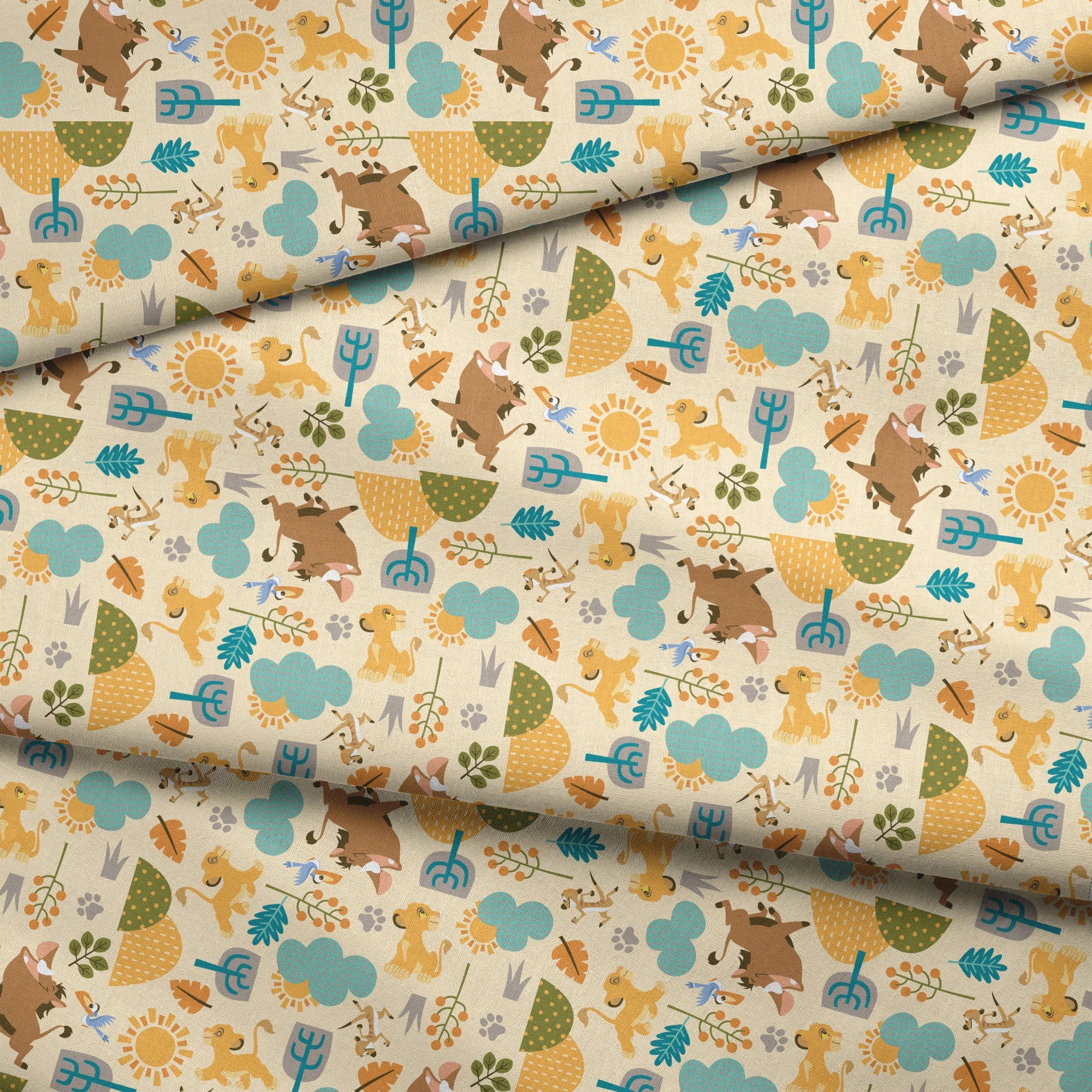 Playful Lion King pattern with brown bears, yellow puppies, blue clouds, stylized trees, and sun motifs on cream background fabric fold mockup