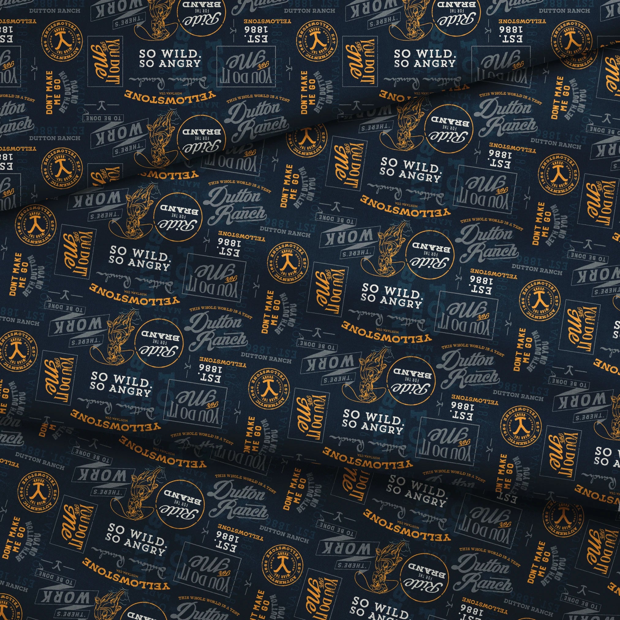 Yellowstone patch design with distressed western typography and quotes in gold and ivory on a black background. fabric fold mockup