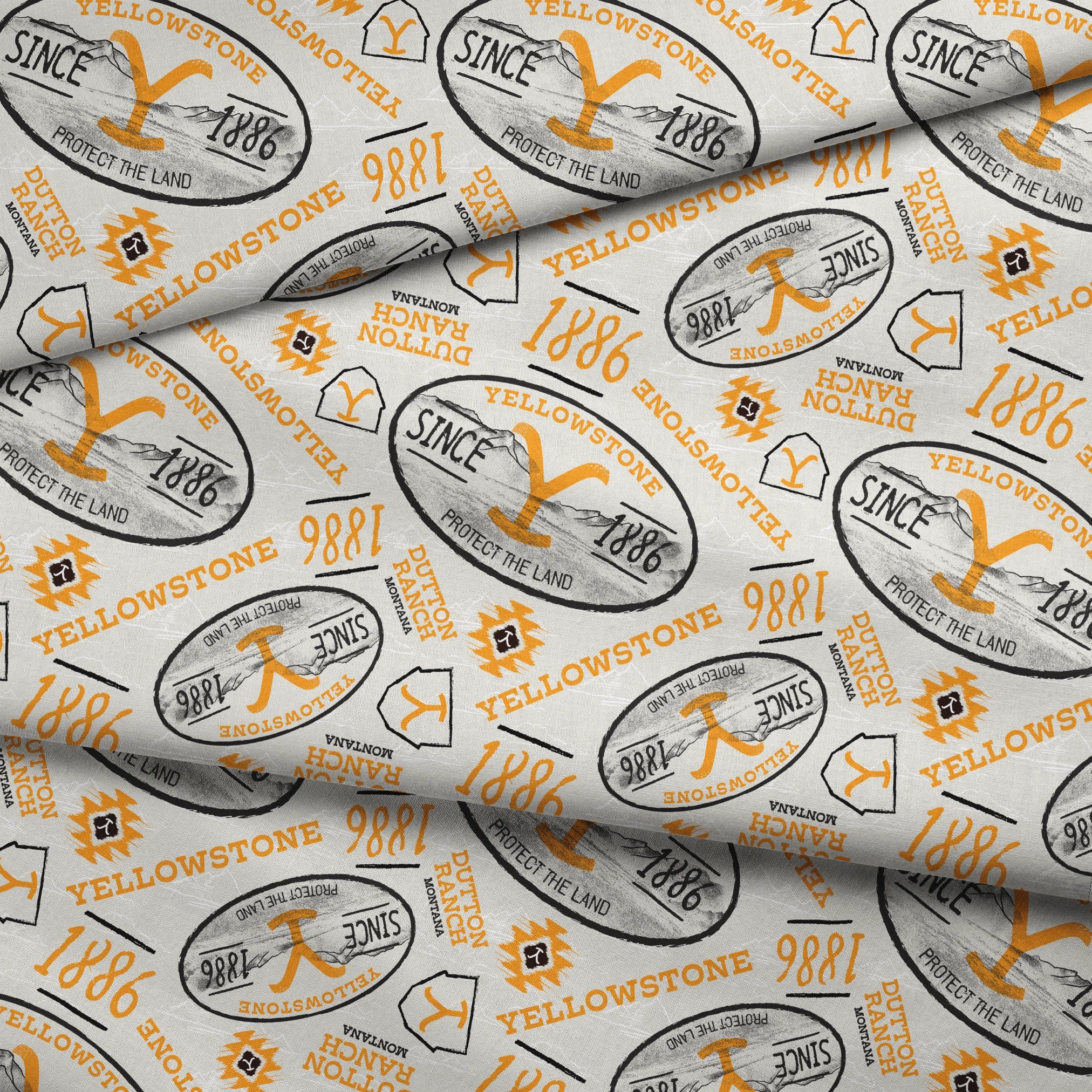 Yellowstone-themed design with black and gold badge graphics, “Protect the Land” text, and Dutton Ranch icons on a cream background. fabric fold mockup