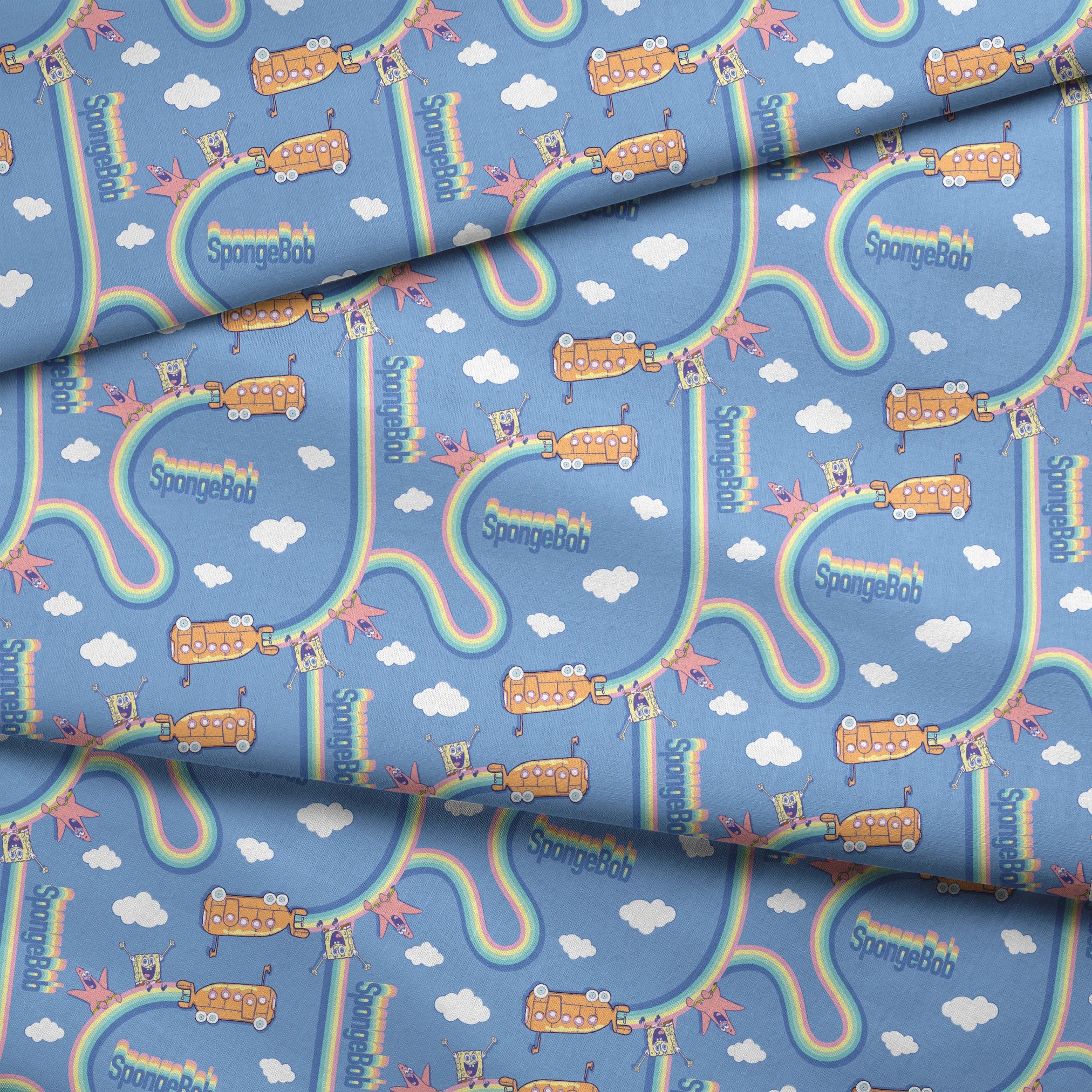SpongeBob pattern with cartoon characters, buses, rainbows and clouds on light blue background fabric fold mockup