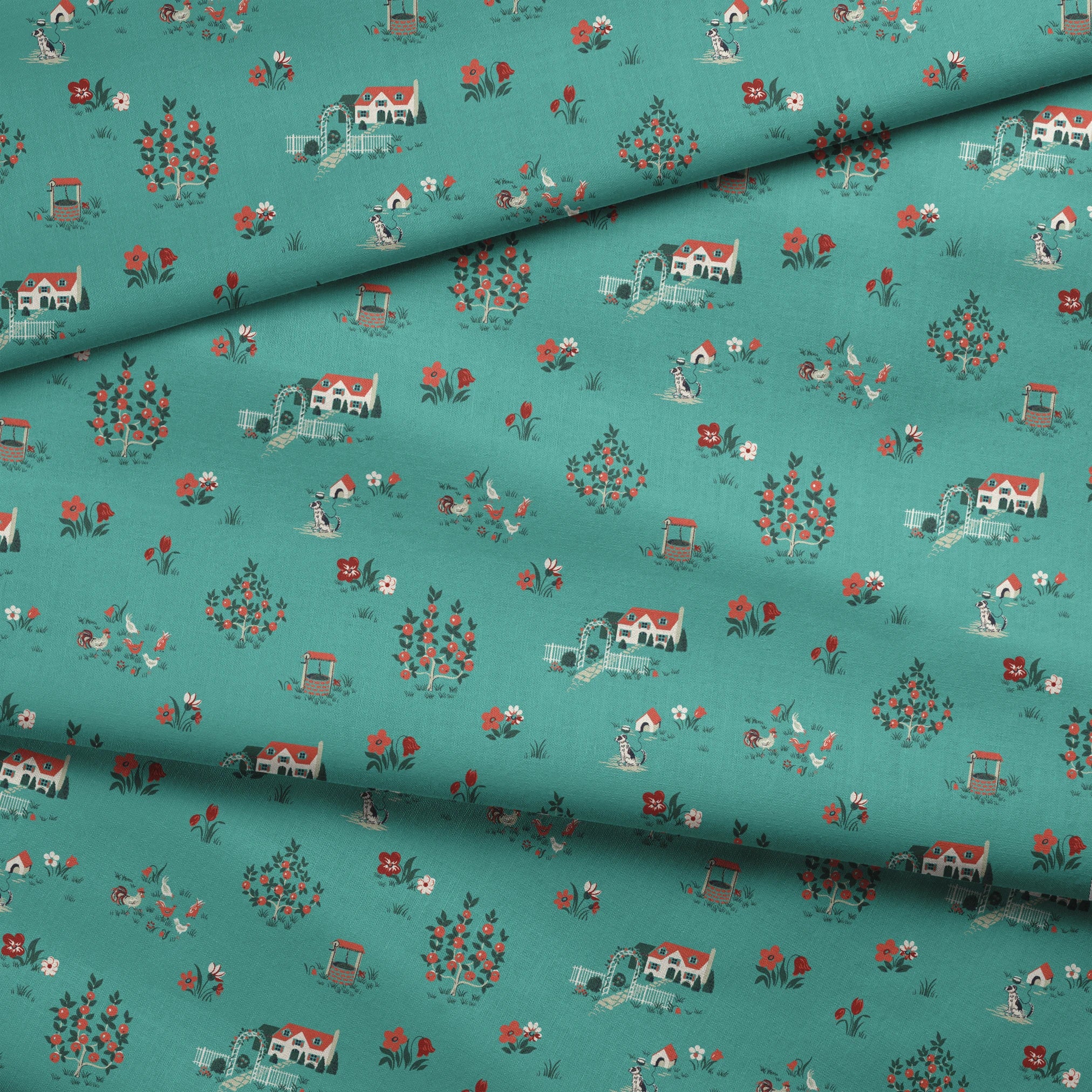 Teal background fabric with vintage cottages, flowers, chickens, and wells in a scattered countryside layout. fabric fold mockup