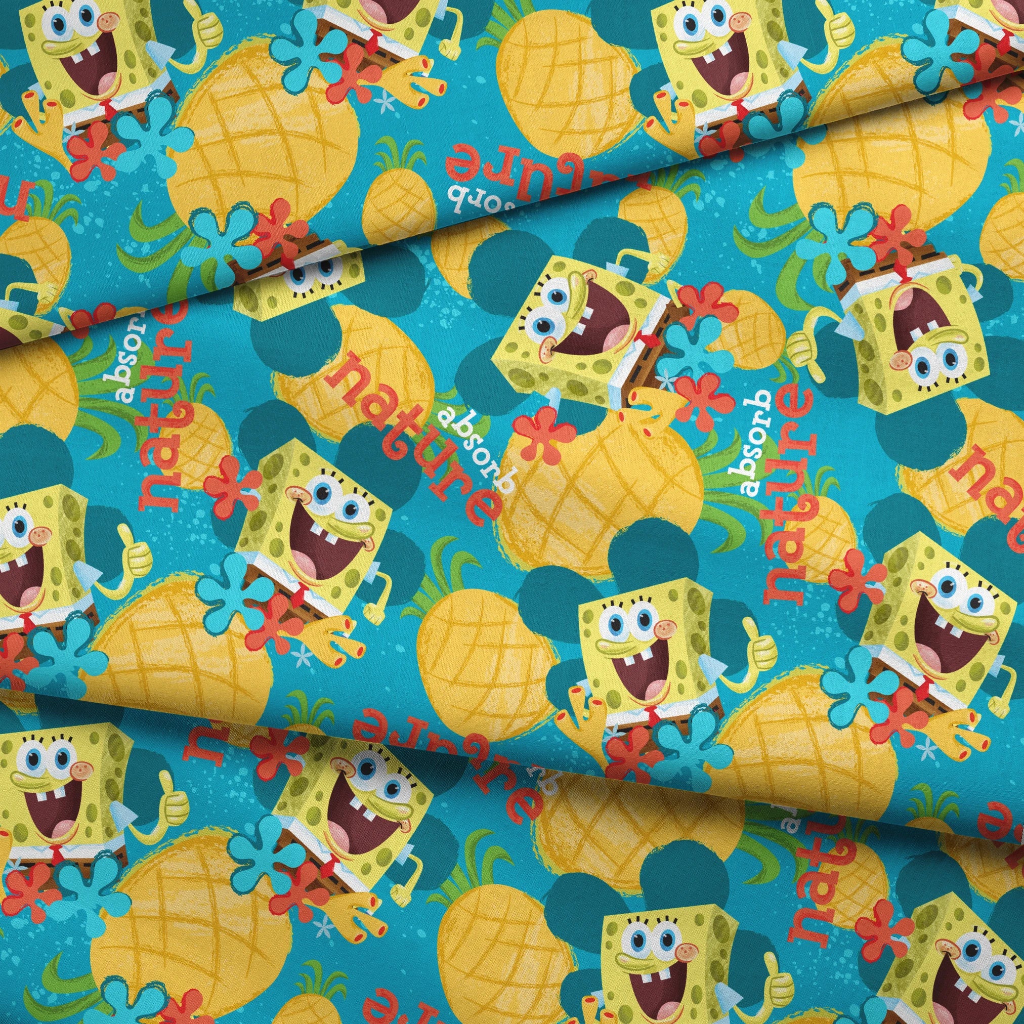 SpongeBob SquarePants pattern with pineapples and flowers on teal background fabric fold mockup