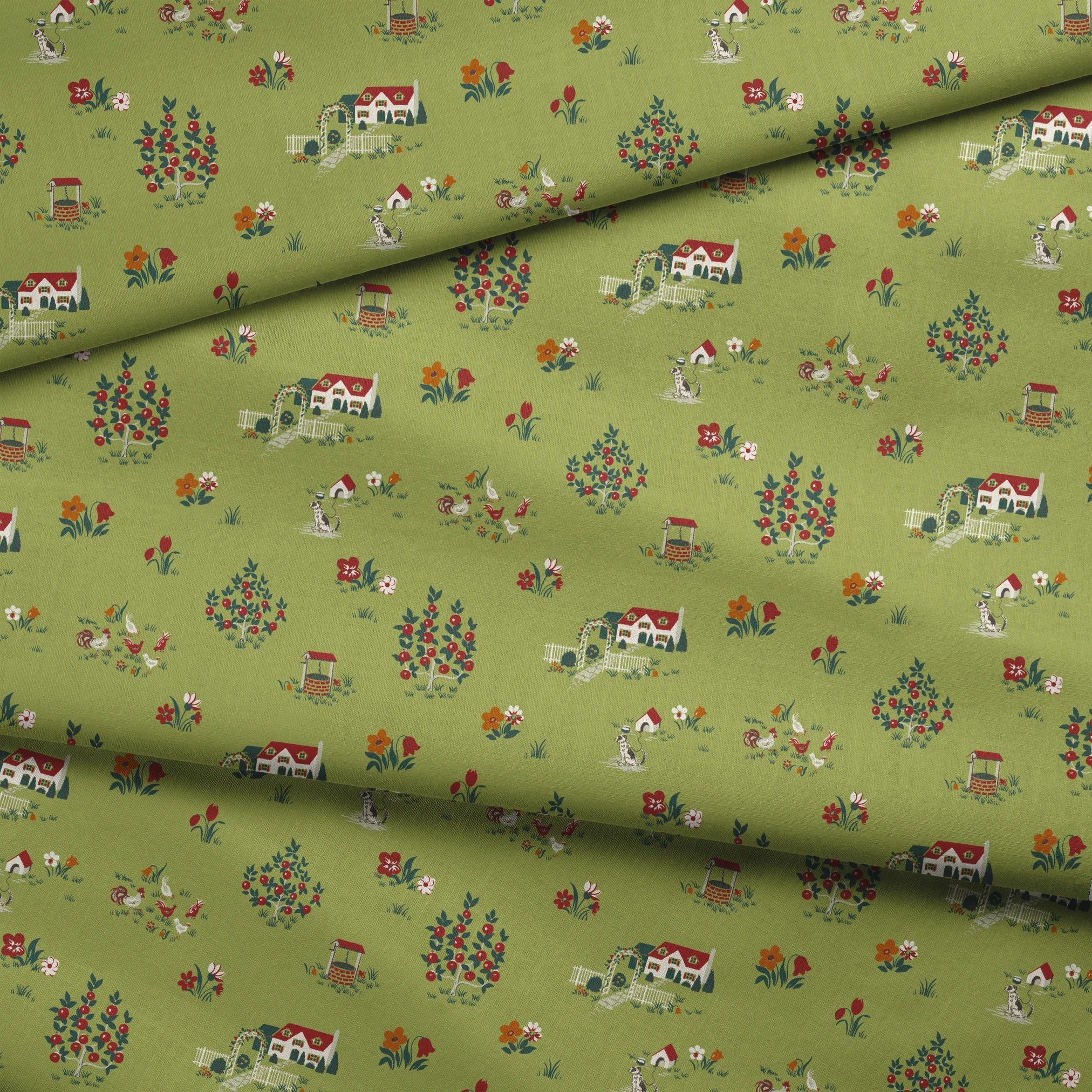 Scenic cottage garden design with vintage houses, flowers, and animals on olive green fabric fold mockup