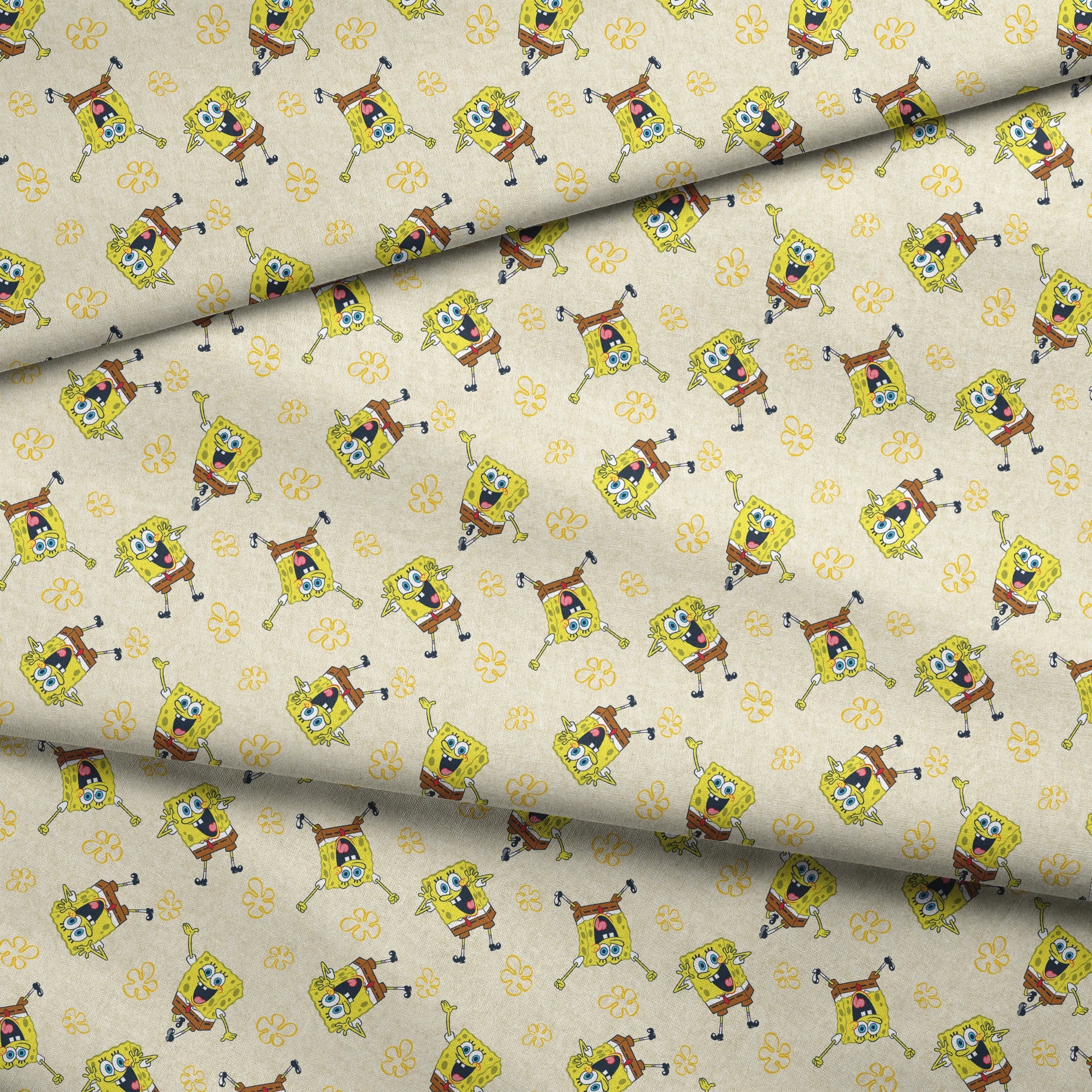 Repeating pattern of SpongeBob SquarePants characters on light yellow background with yellow flowers fabric fold mockup