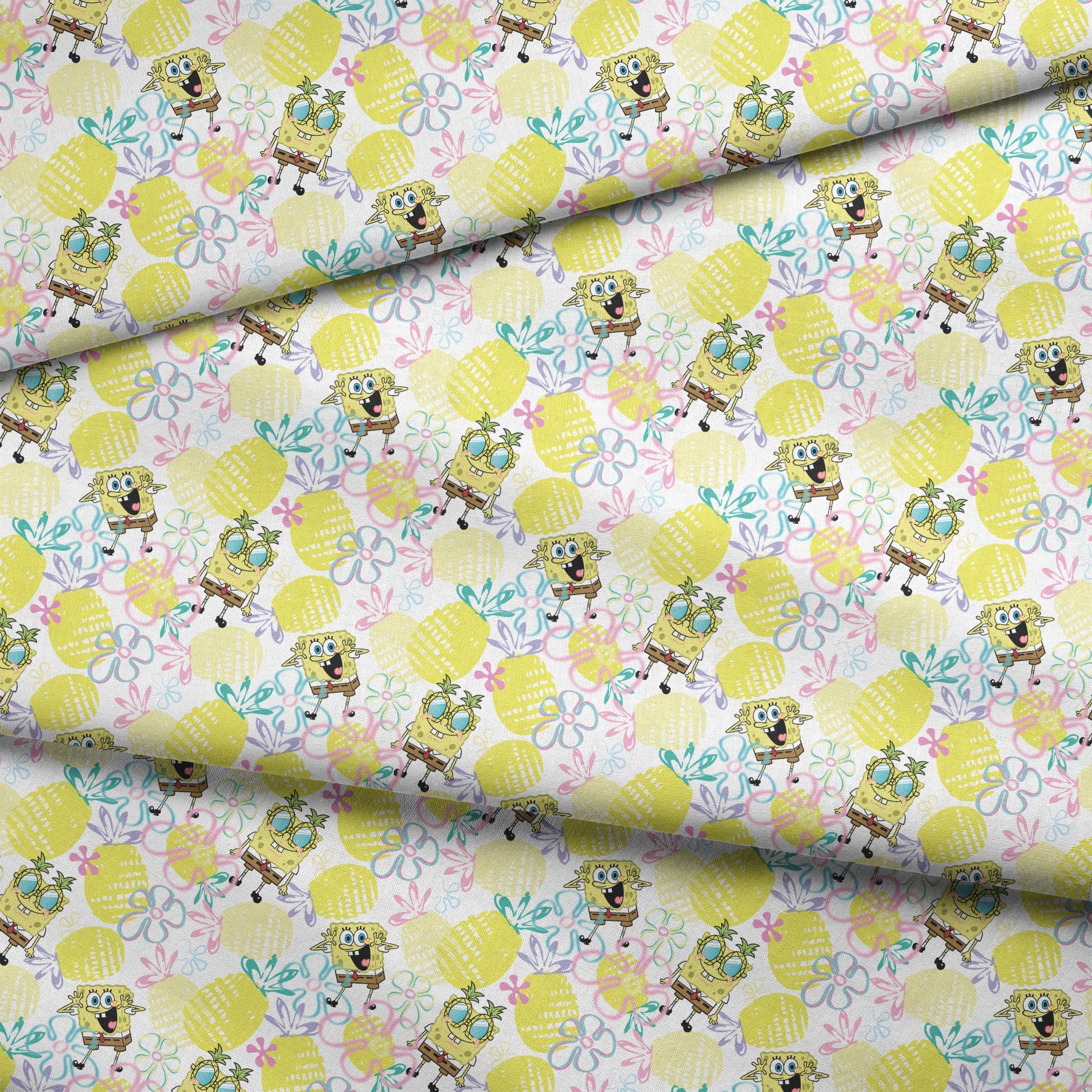 SpongeBob wearing pineapple glasses surrounded by yellow pineapples and pastel floral sketches on a white background in a playful Nickelodeon design. fabric fold mockup