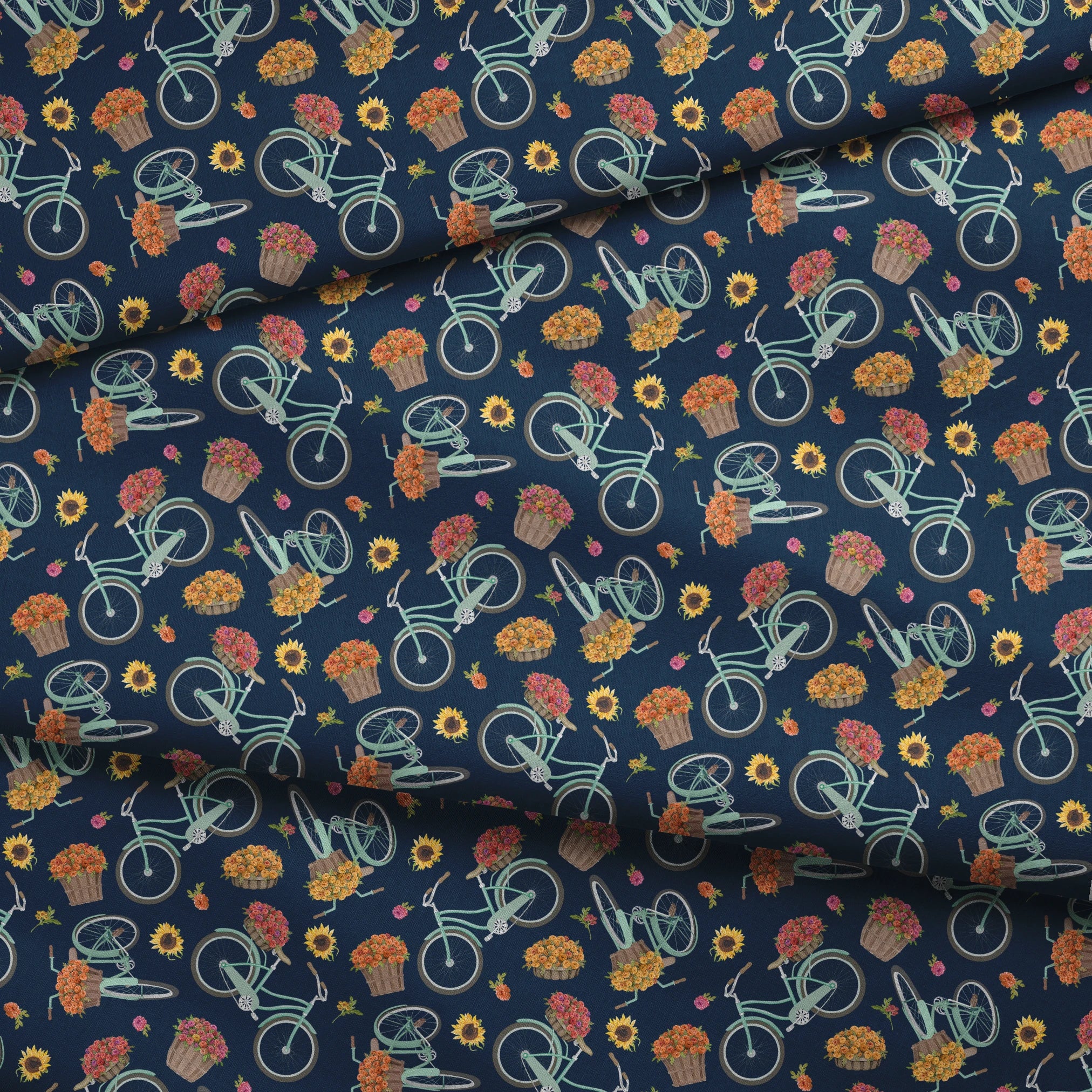 Teal vintage bikes with baskets of fall flowers on a navy background, inspired by cozy fall market scenes. fabric fold mockup