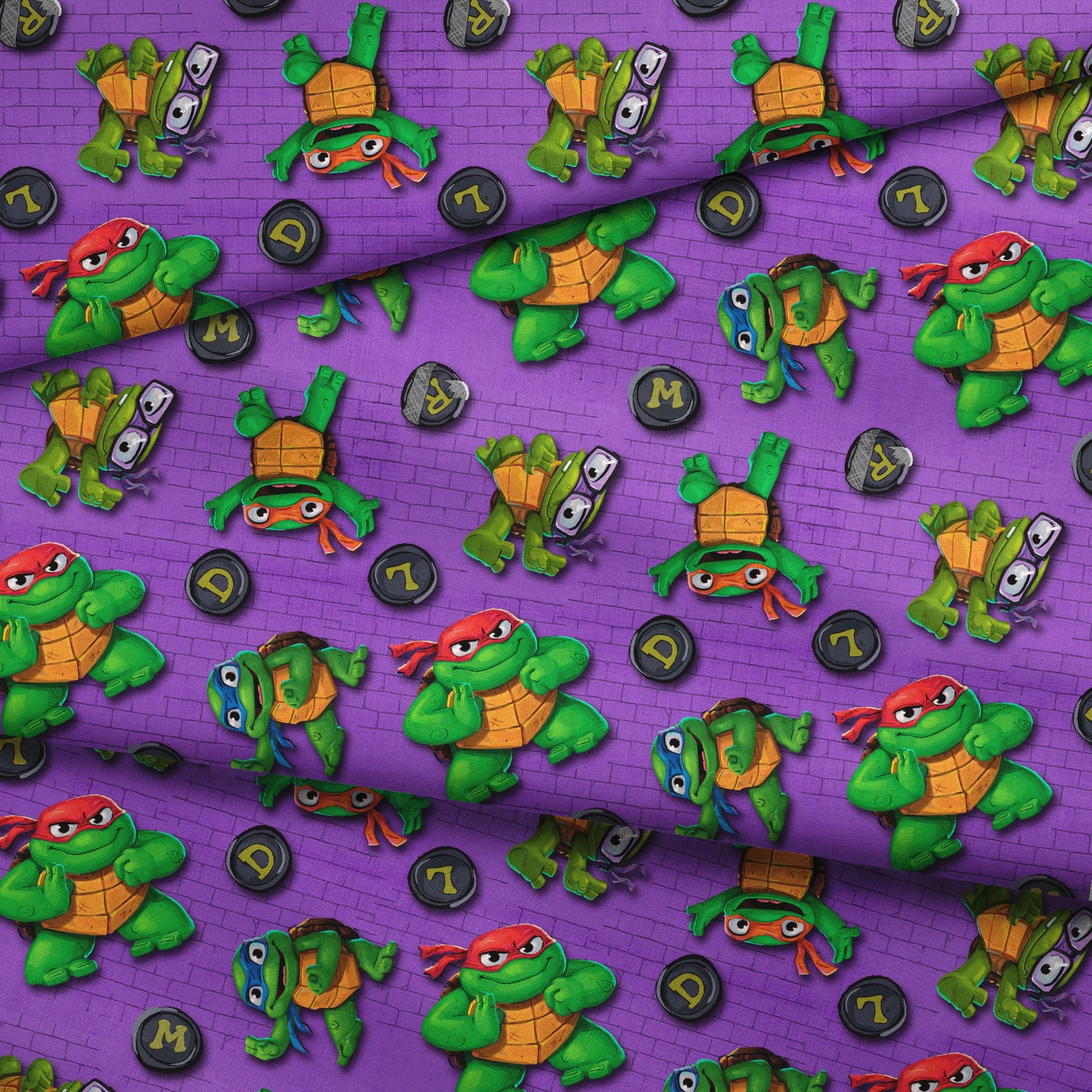 Teenage Mutant Ninja Turtles characters on a purple brick background with lettered manhole covers. fabric fold mockup
