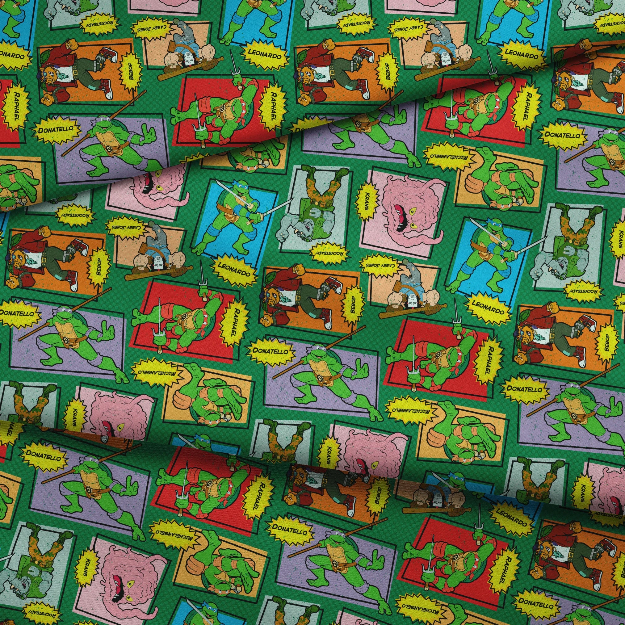 Retro Teenage Mutant Ninja Turtles comic print with turtles, villains, and action words in colorful panels. fabric fold mockup