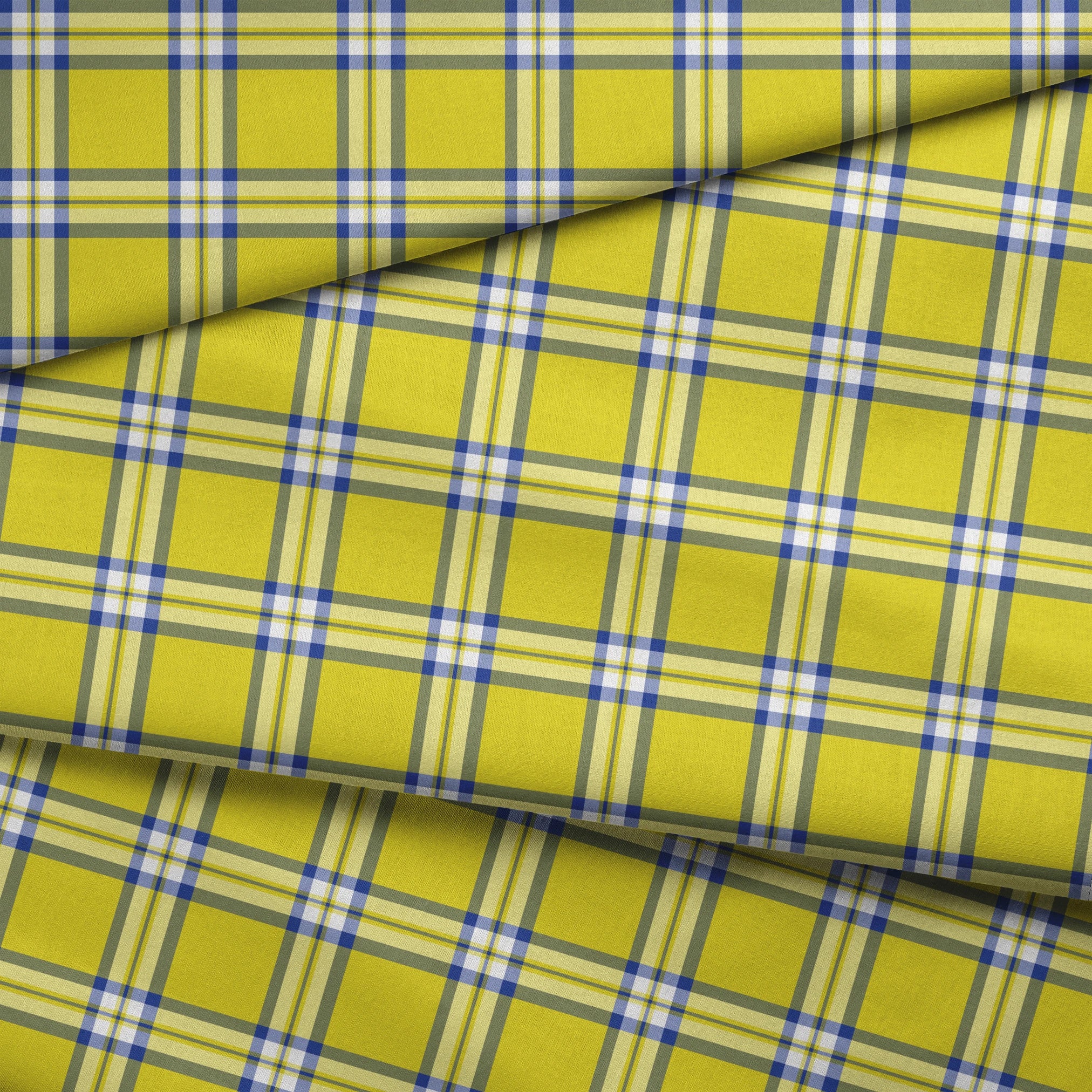 Officially licensed Clueless yellow plaid with white, olive green, and blue stripes, inspired by Cher Horowitz’s iconic outfit. fabric fold mockup