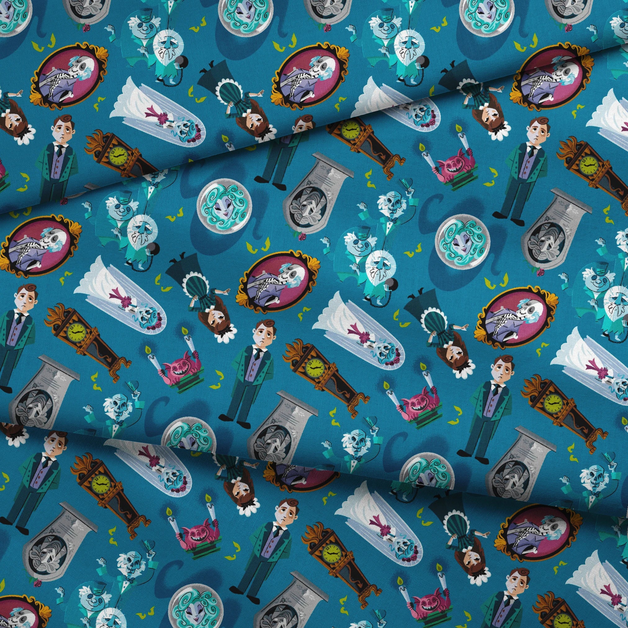 Haunted Mansion themed pattern with cartoon ghosts, portraits, coffins, and spooky elements on teal background fabric fold mockup