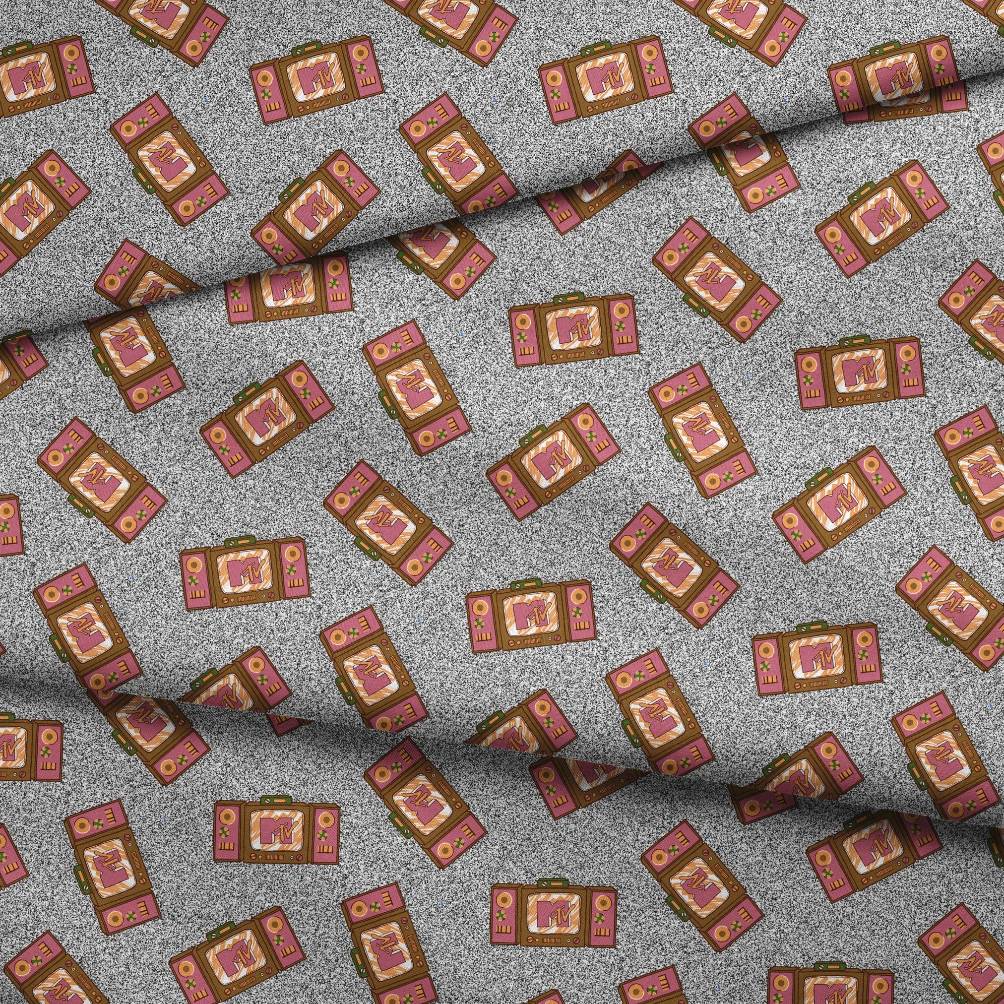 Pink and brown retro televisions with the MTV logo over a grainy gray static background in a scattered repeat. fabric fold mockup