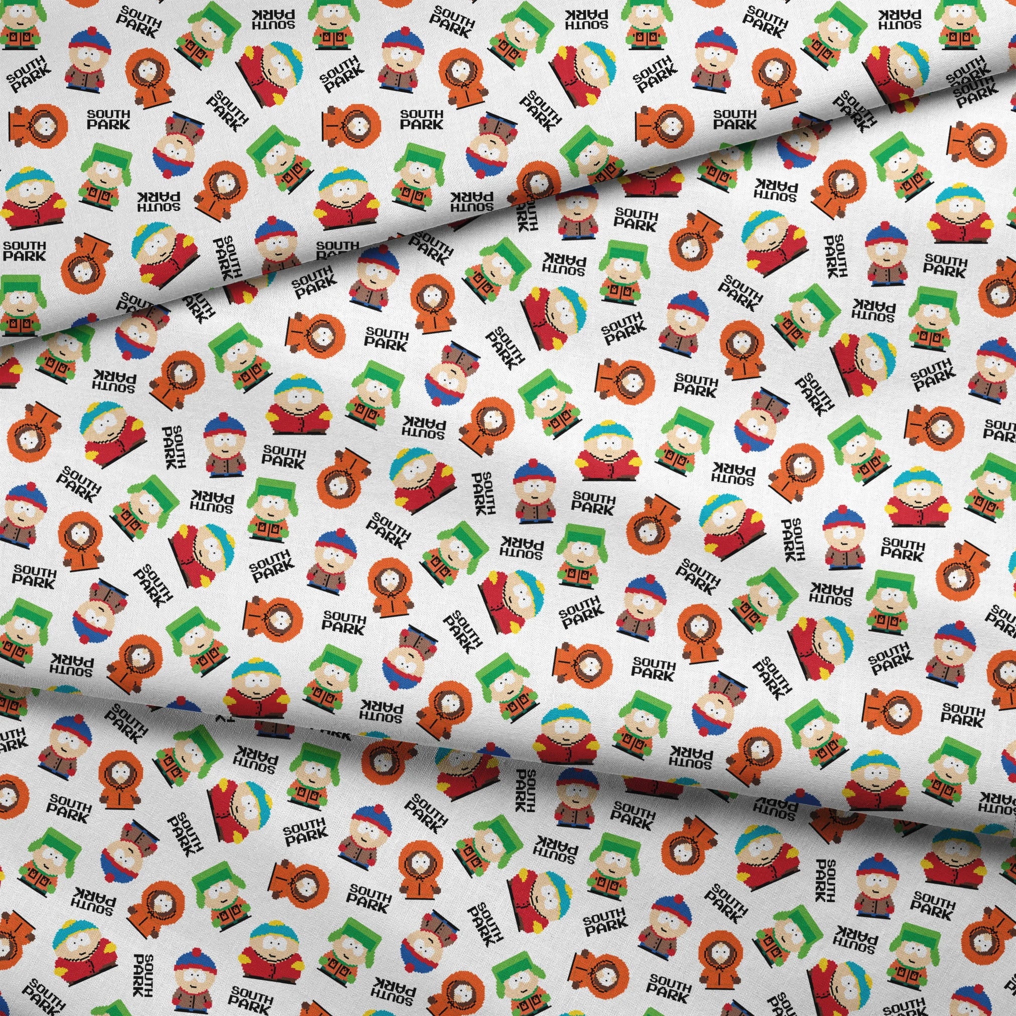 Pixel art versions of Stan, Kyle, Cartman, and Kenny with the South Park logo in black, tossed on a white background in various rotations. fabric fold mockup
