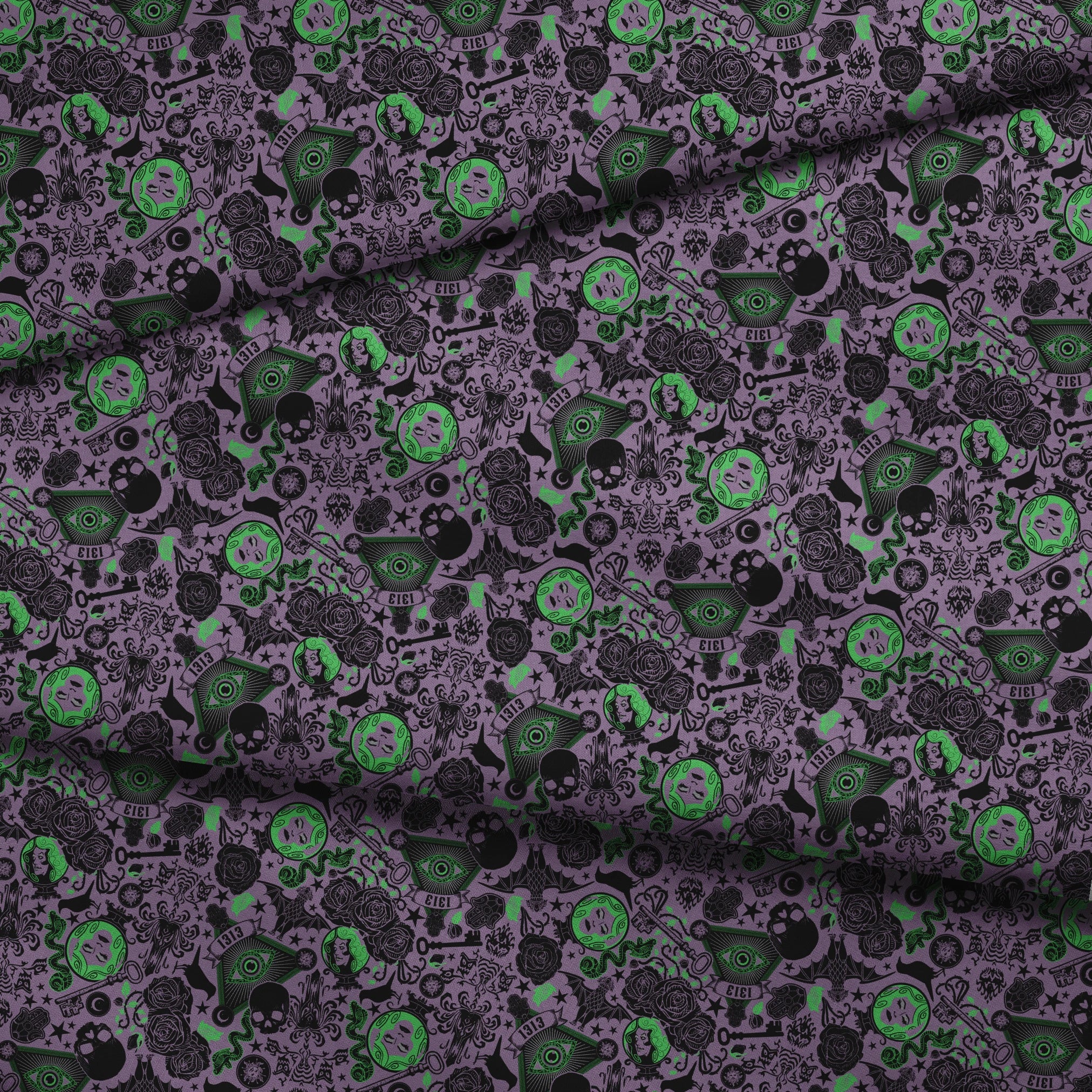 A dark purple background with gothic imagery in black and neon green featuring mystical elements including roses, celestial symbols, eyes, hands, and ornate decorative patterns. fabric fold mockup