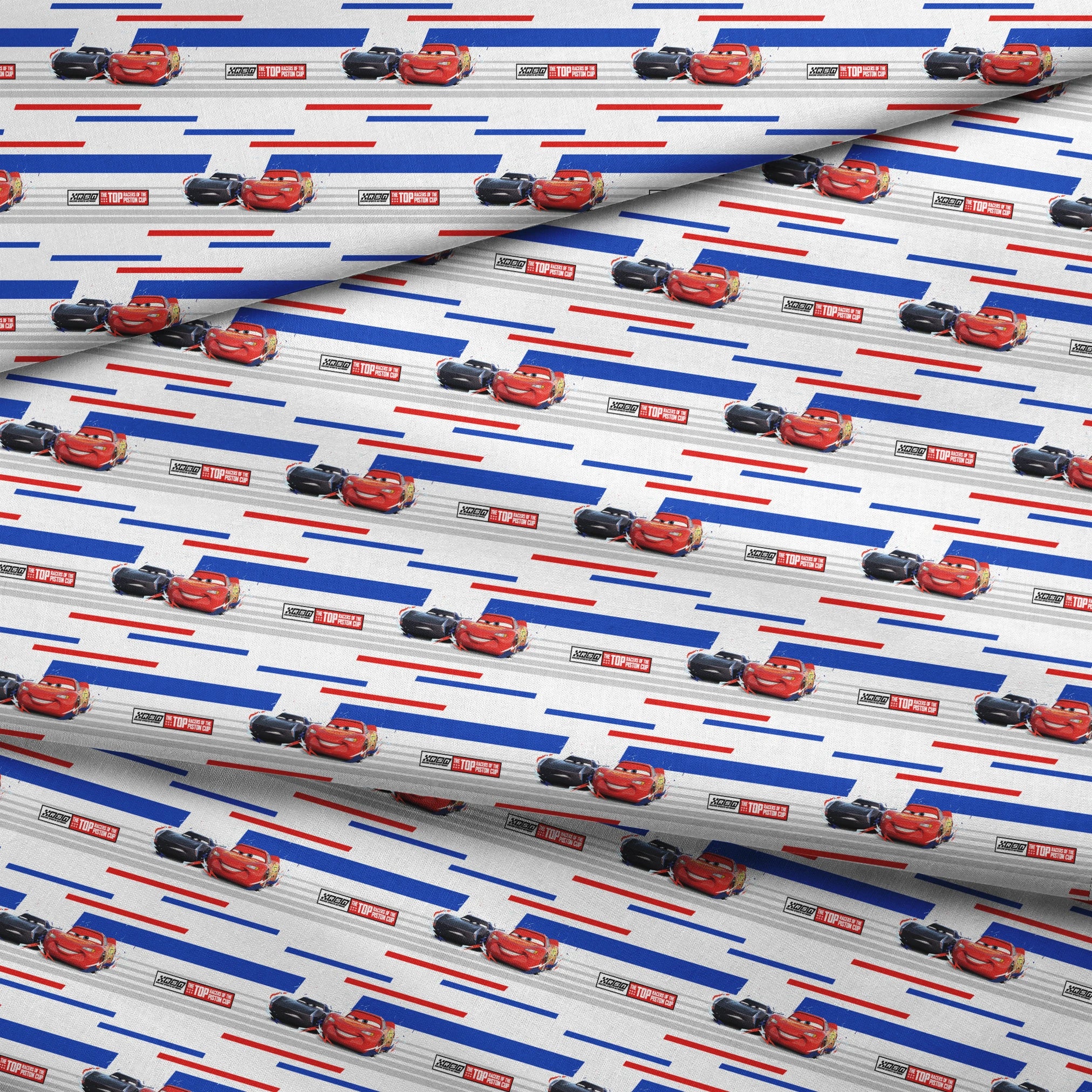 Red and black race cars from Disney Pixar's Cars movie on striped blue, white, and red background with XSpeed logo fabric fold mockup