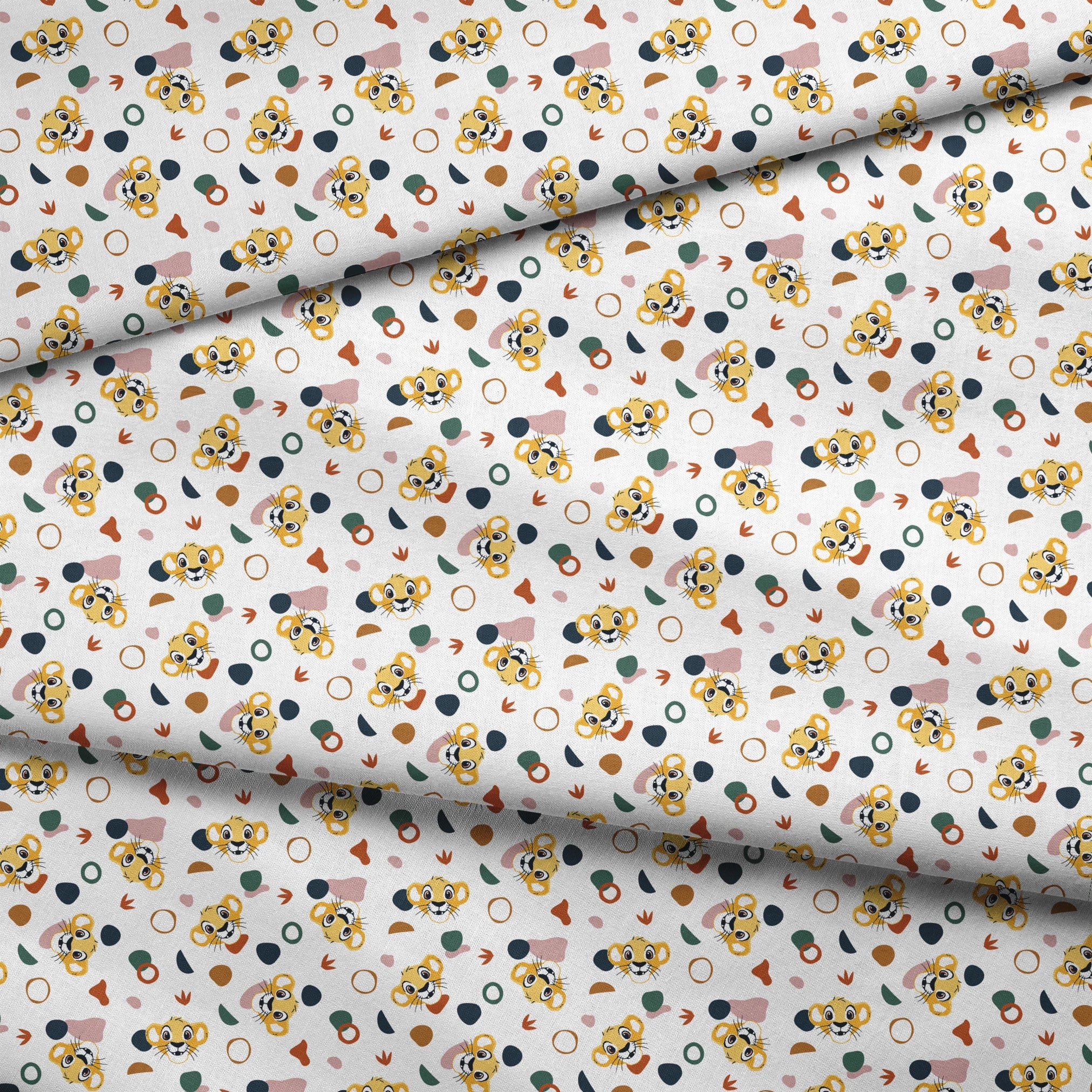 Cute Lion King characters with colorful abstract shapes in pink, teal, brown, and navy on white fabric fold mockup