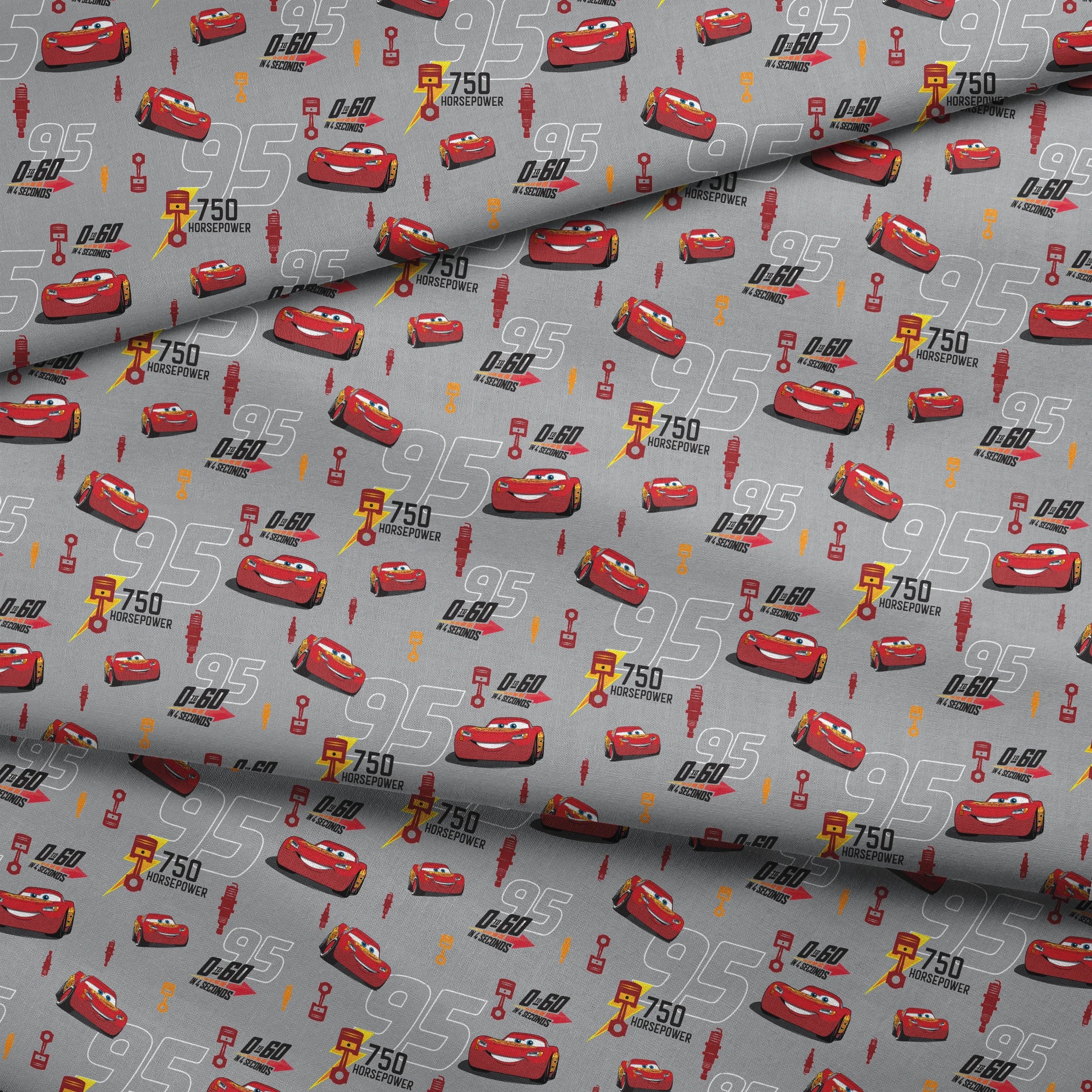 Red race cars with number 95 on gray background with racing graphics and "750 horsepower" text fabric fold mockup