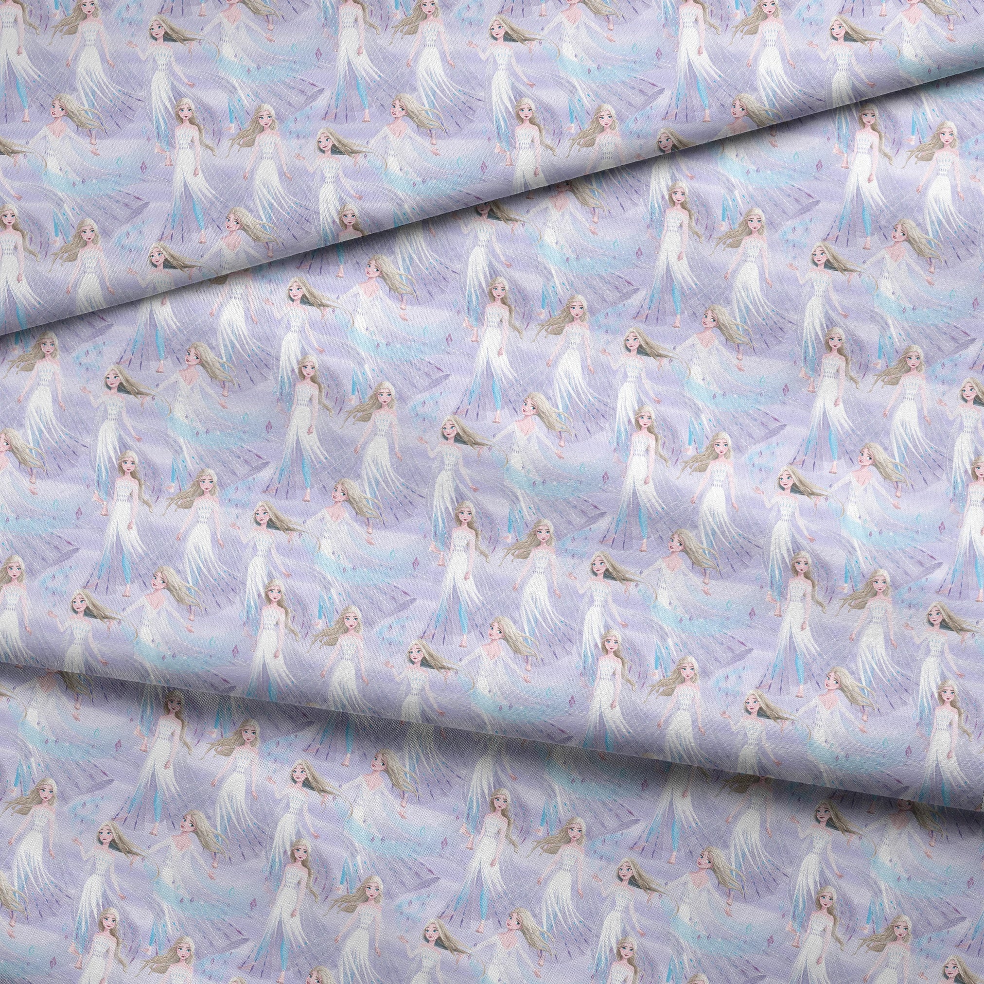 Frozen's Elsa against a dreamy purple-blue background fabric fold mockup