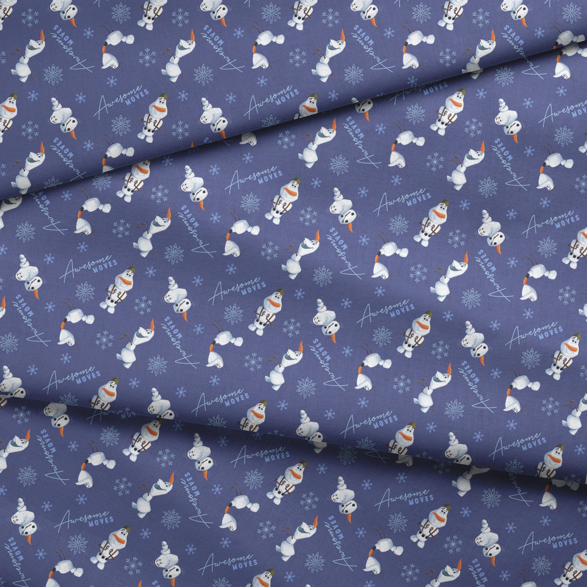 Playful Olaf the snowman pattern with snowflakes on purple background showing various poses fabric fold mockup