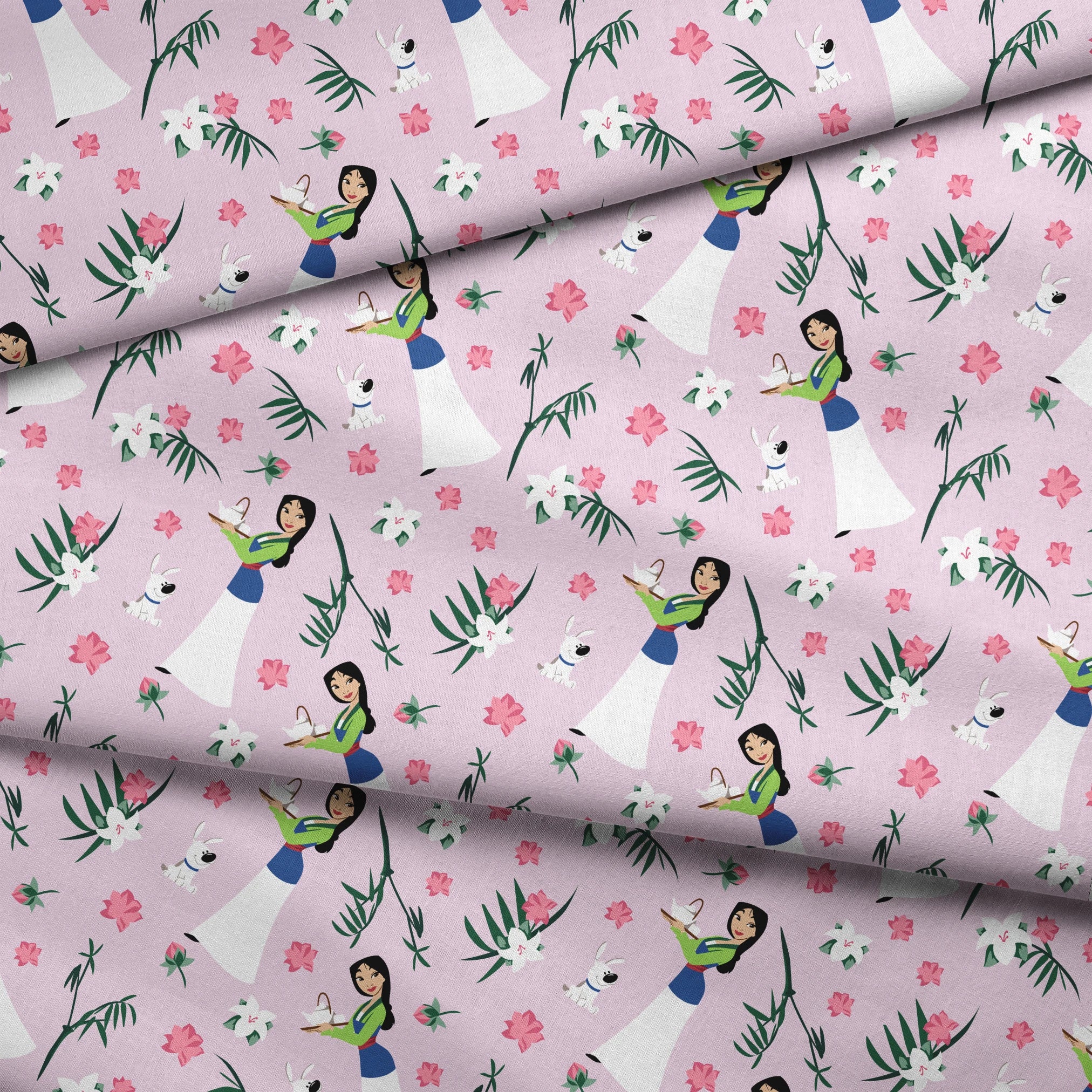 Illustrated pattern on light purple background with cartoon figures in white dresses, pink flowers, green palm leaves, and white rabbits. fabric fold mockup