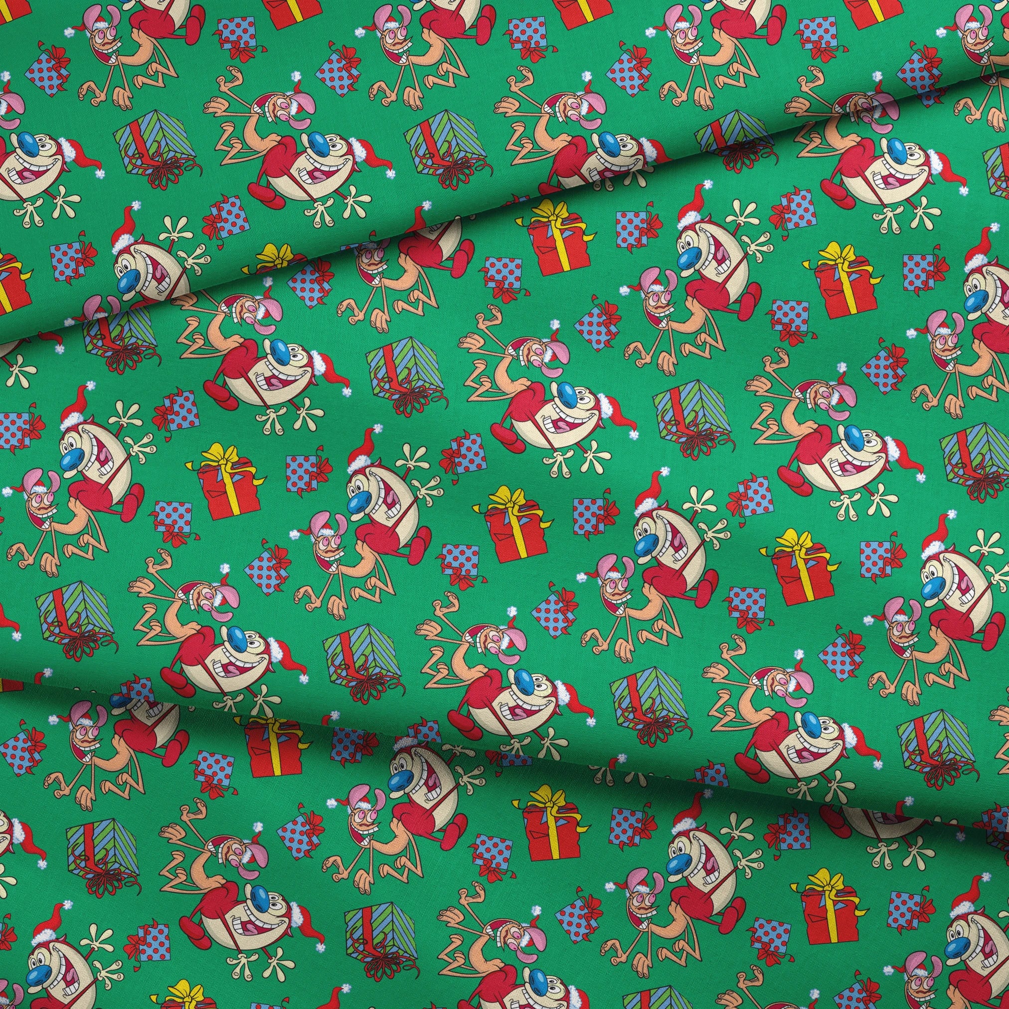 Whimsical cartoon Christmas pattern with elves, Santa figures, and colorful gifts on green background fabric fold mockup