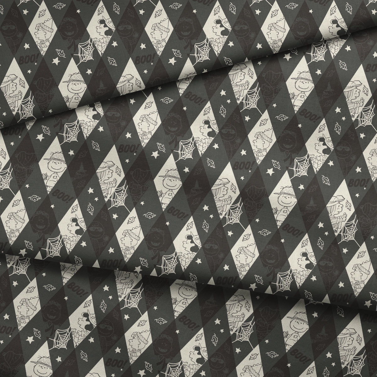 Diamond pattern with Peanuts characters and Halloween motifs in black and cream, featuring spider webs, stars, and "BOO!" text. fabric fold mockup