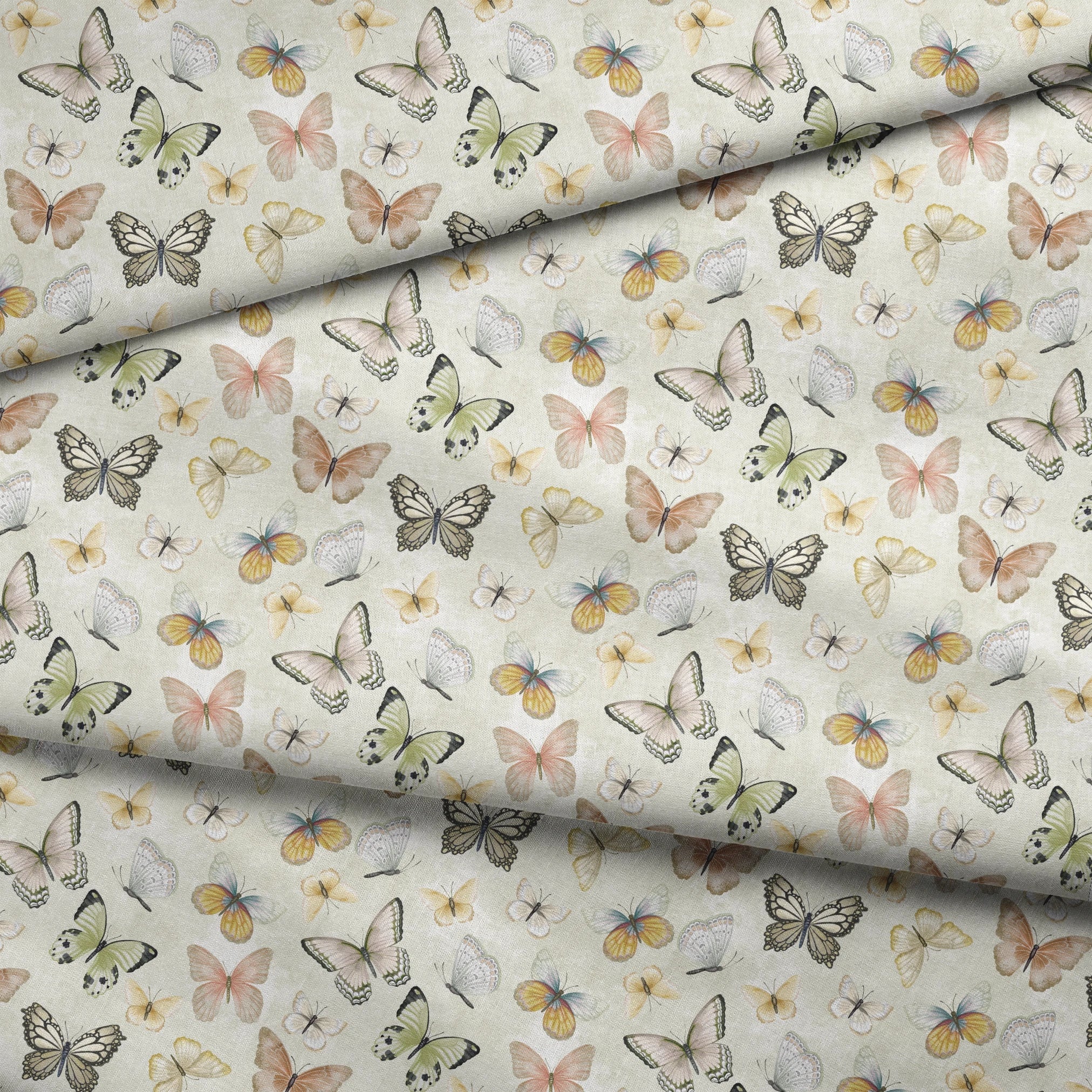 Hand-illustrated pastel butterflies in pink, blue, yellow, and sage on a cream background in a botanical-style Nicole Tamarin design. fabric fold mockup