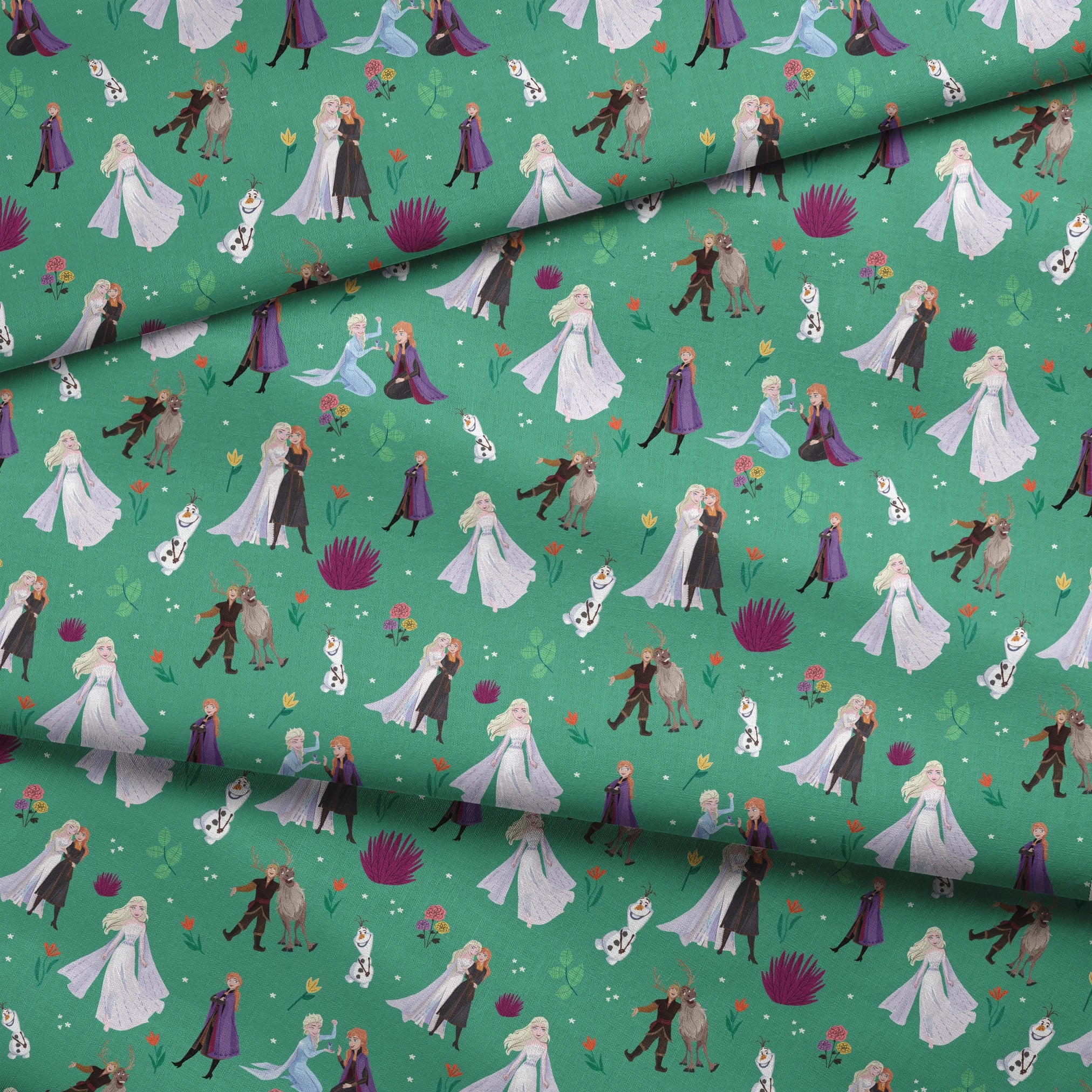 Pattern of animated characters from Frozen including Olaf the snowman, characters in formal attire, and colorful flowers on a green background. fabric fold mockup