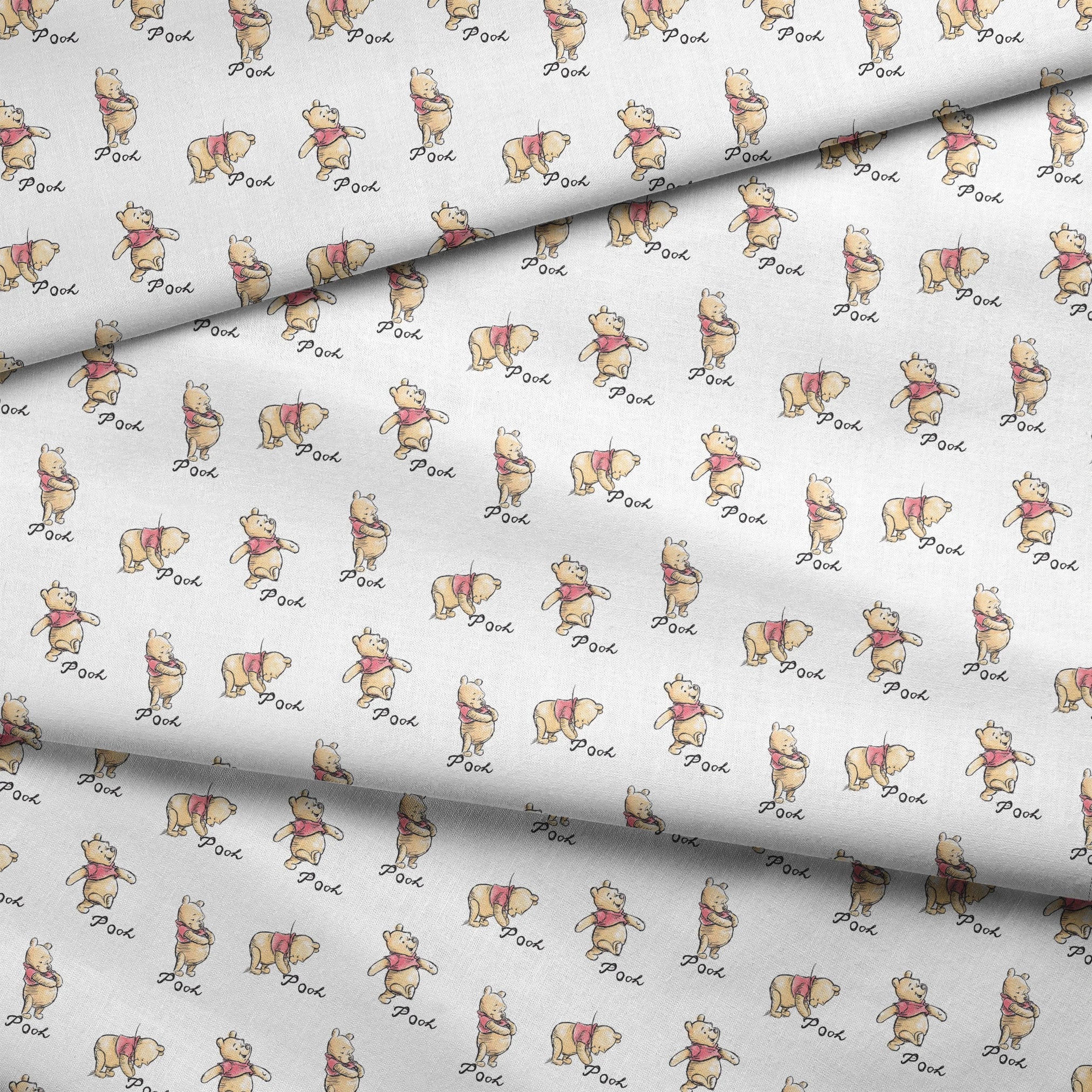 Winnie the Pooh pattern featuring cute yellow bears with red shirts in various poses, labeled "Pooh fabric fold mockup