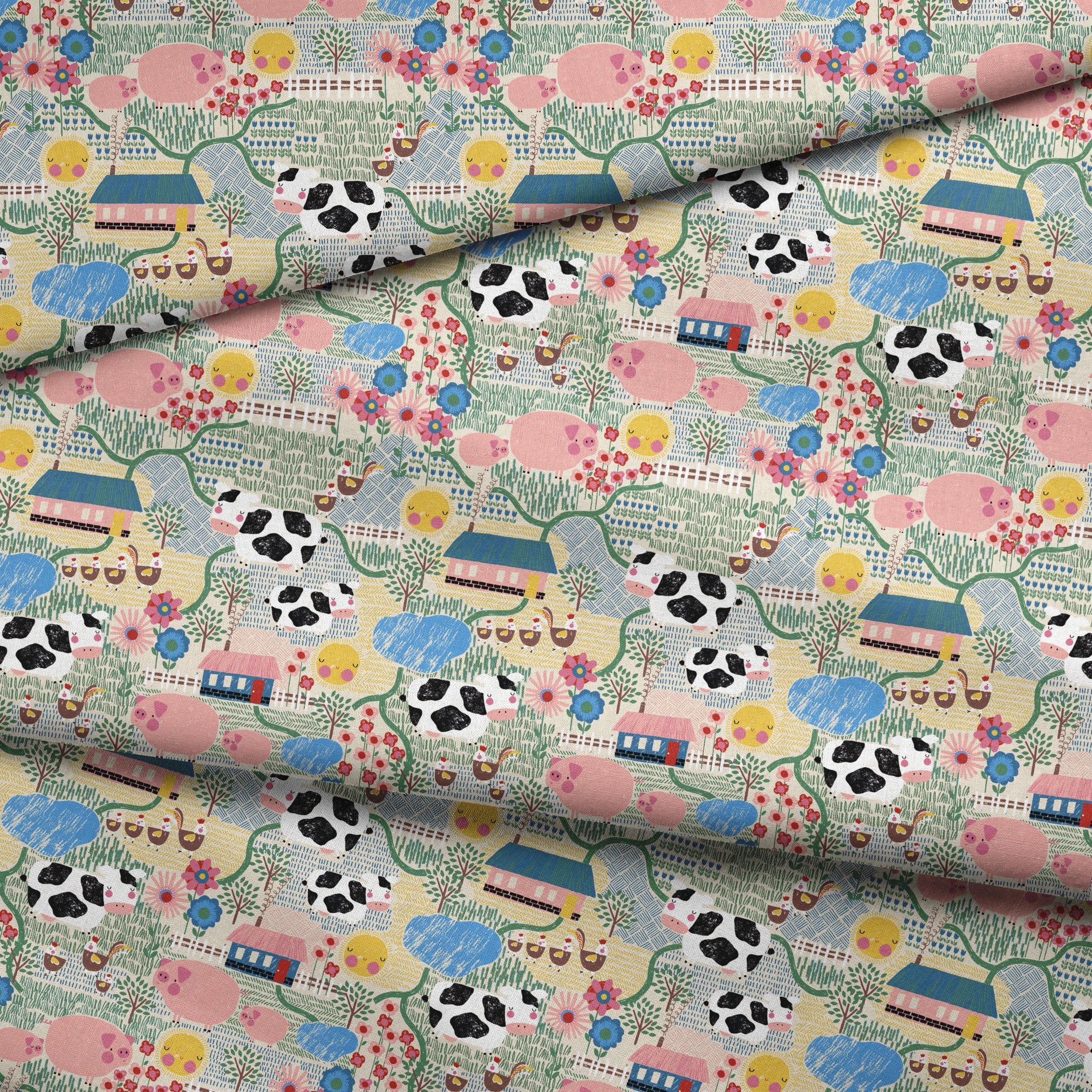 Colorful farm illustration with pink pigs, spotted cows, flowers, and small houses on textured ba... fabric fold mockup