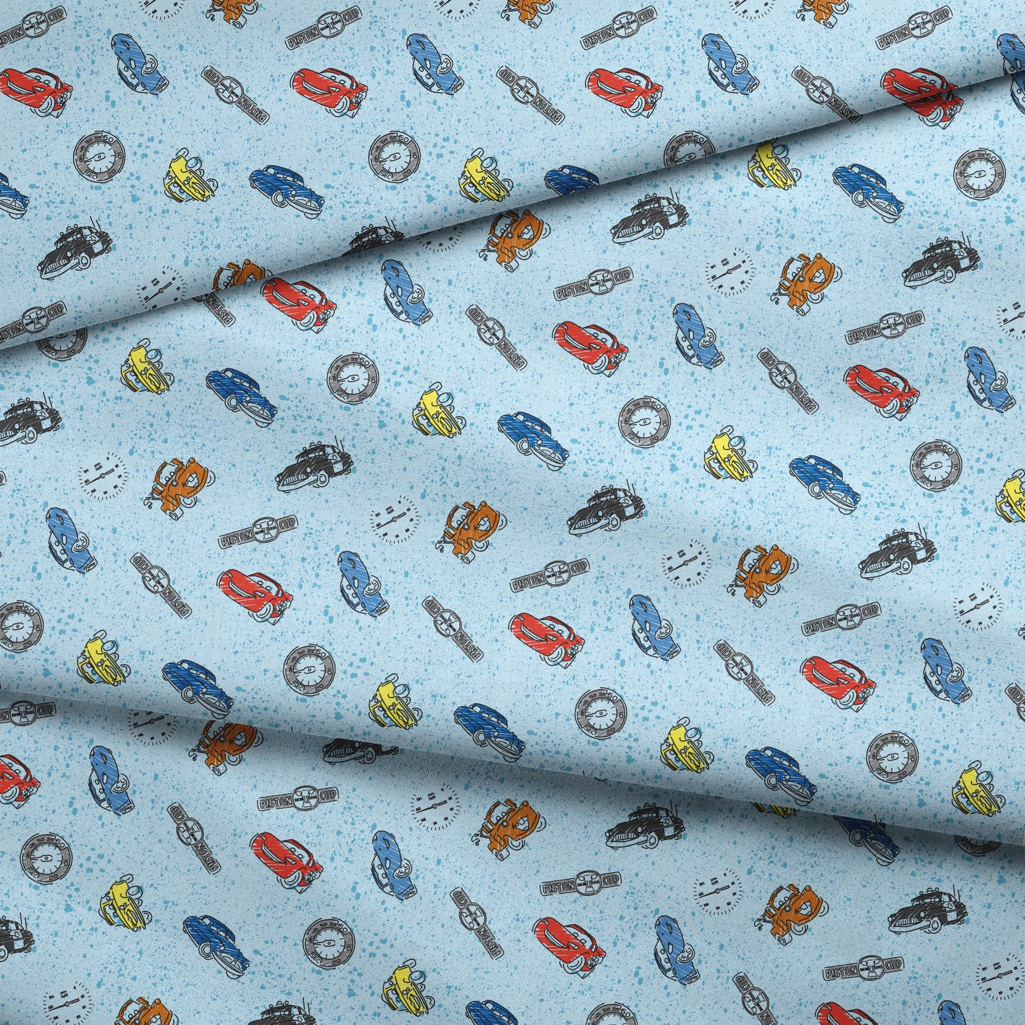 Colorful cartoon cars and watches scattered on a light blue speckled background pattern fabric fold mockup